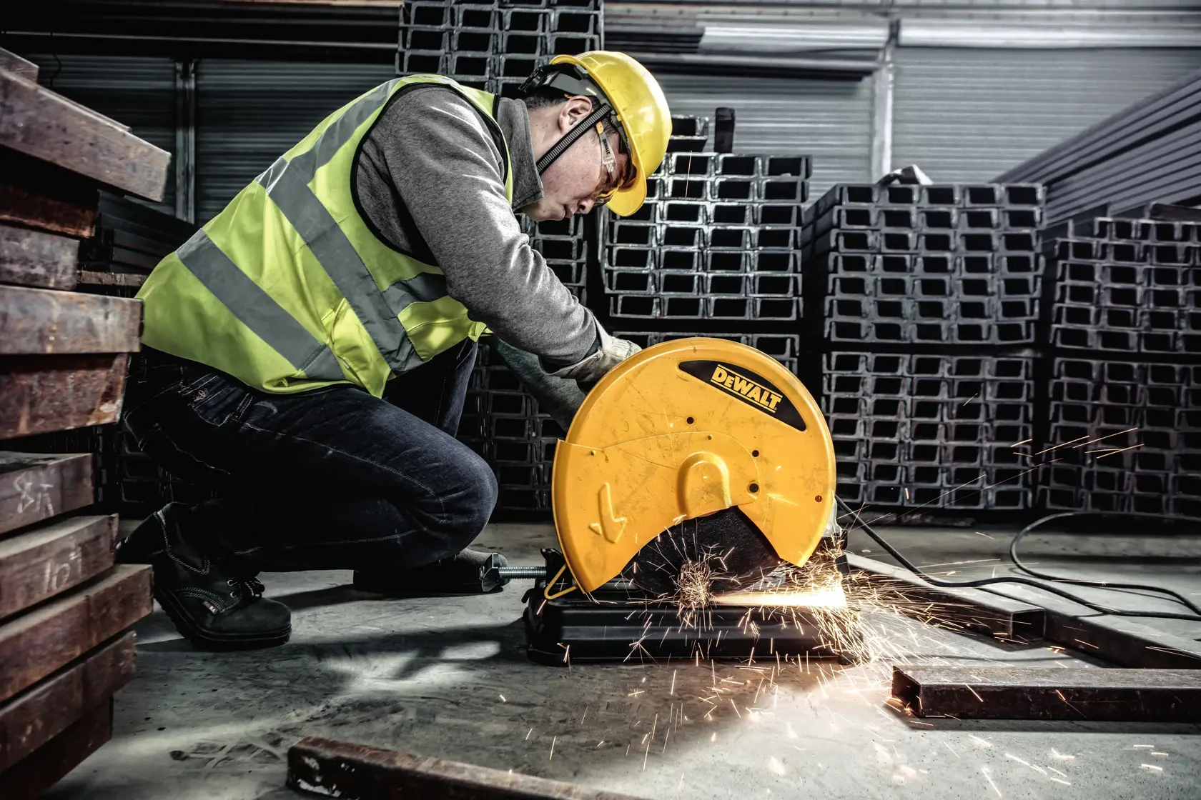 Une personne portant un casque de sécurité jaune et un gilet haute visibilité utilise une scie à onglet DEWALT pour couper des morceaux de métal dans un entrepôt industriel avec des poutres métalliques empilées en arrière-plan.
