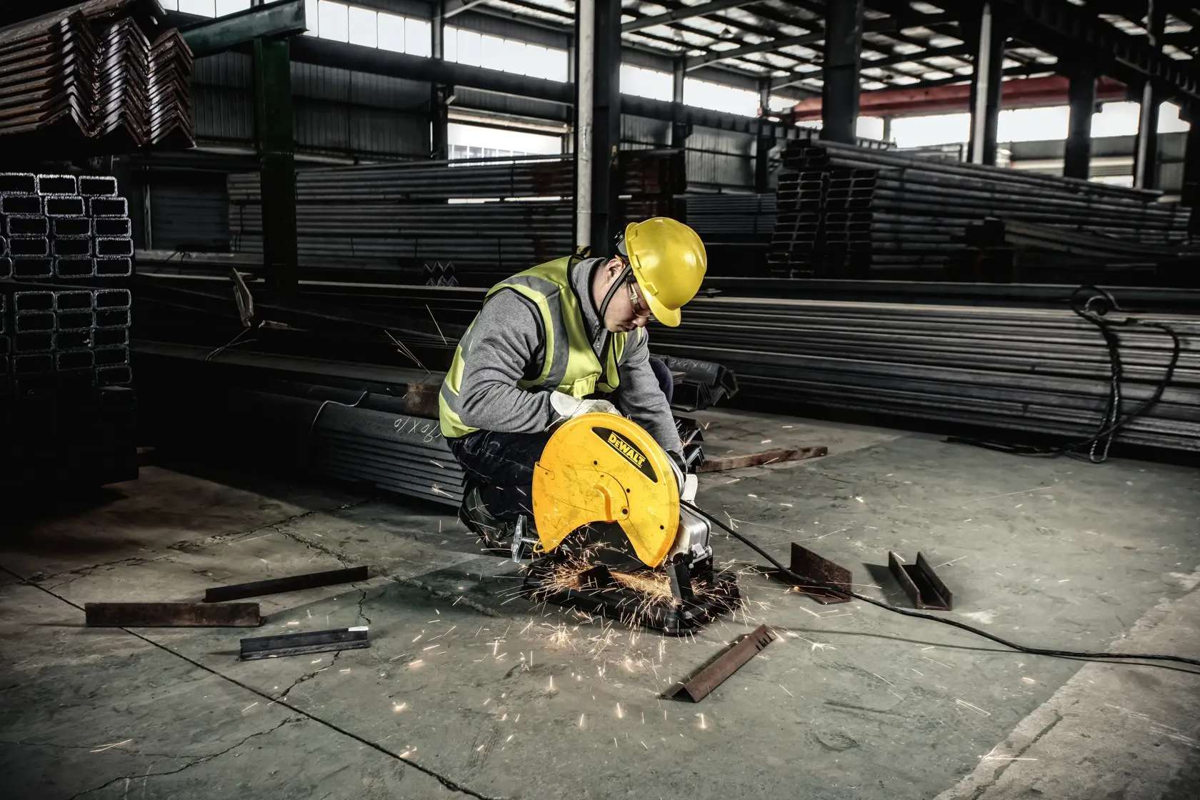 A worker wearing a safety vest and helmet uses a DEWALT D28730-B2 metal chop saw to cut steel pipes in an industrial warehouse. Sparks fly from the cutting area and there are steel pipes and stacked metal materials in the background.