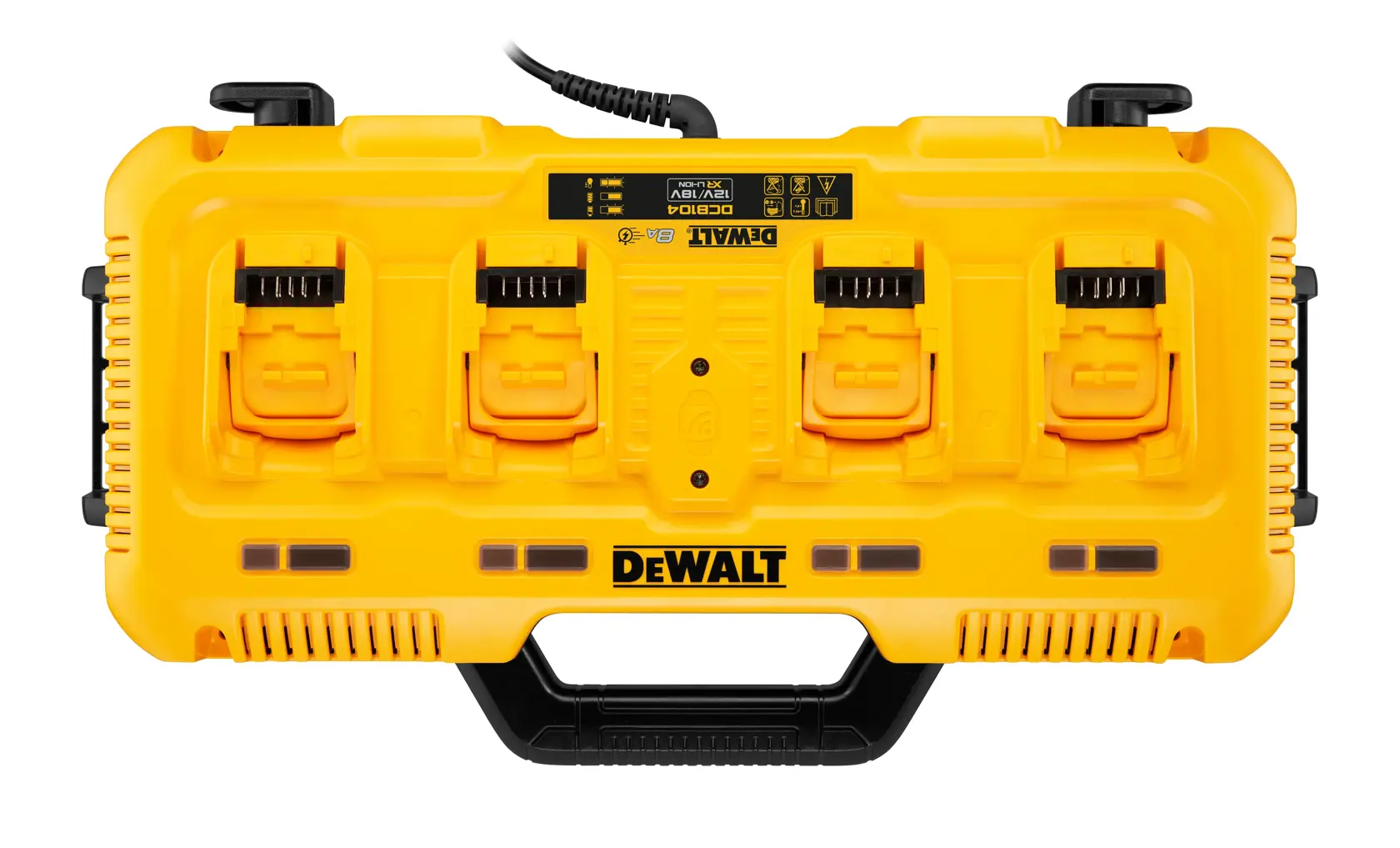 Chargeur DEWALT DCB104 jaune à quatre ports pour outils, vue du dessus avec poignée et emplacements.