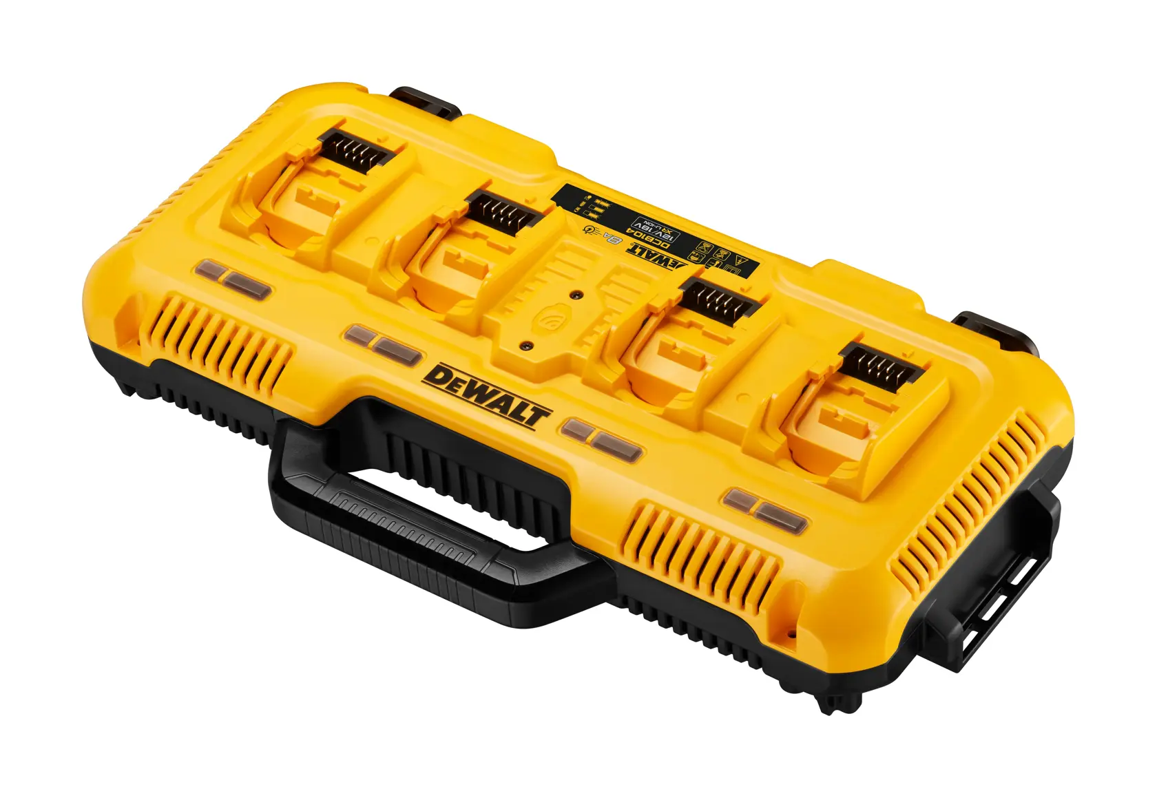 Chargeur multi-port jaune DEWALT DCB104 avec poignée, présenté sur fond blanc.