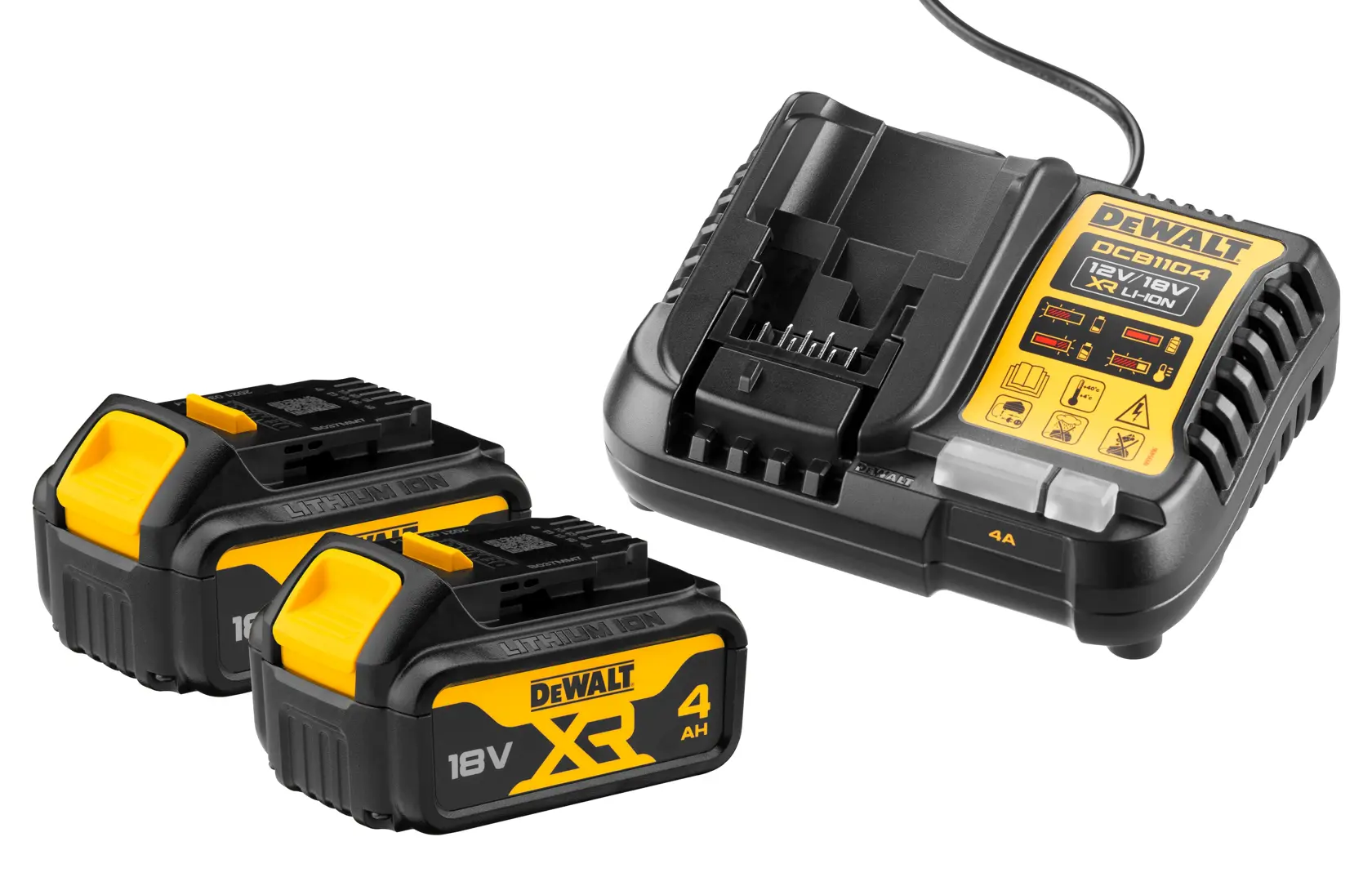 Chargeur DEWALT et deux batteries lithium-ion 18V XR 4Ah, adaptés aux outils électriques.