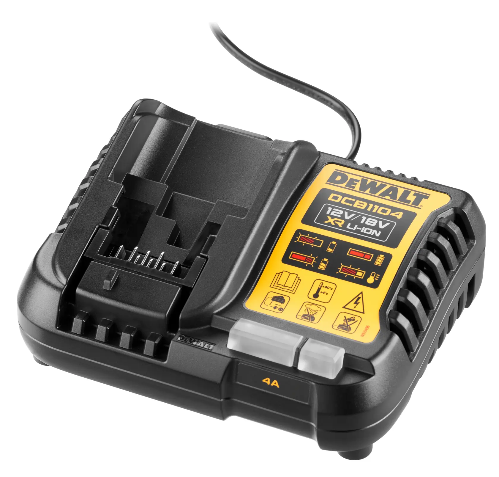 Un chargeur de batterie DEWALT DCB1104 pour batteries XR Li-Ion 12V et 18V, avec un design noir et jaune, des voyants lumineux et des instructions étiquetées sur la face supérieure.