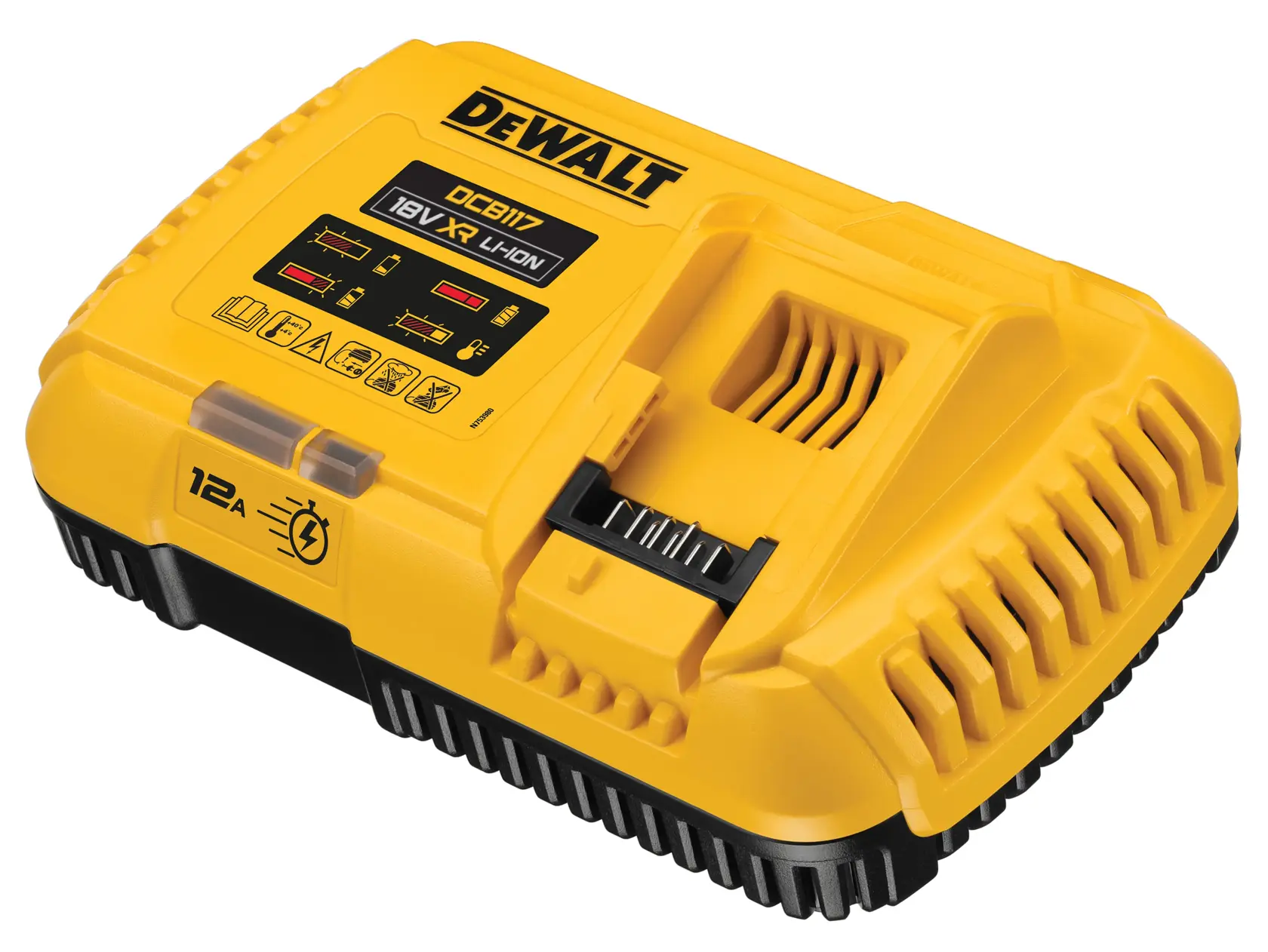 Un chargeur de batterie jaune DEWALT DCB117 pour batteries 18V XR Li-Ion, avec des voyants lumineux et une base noire.