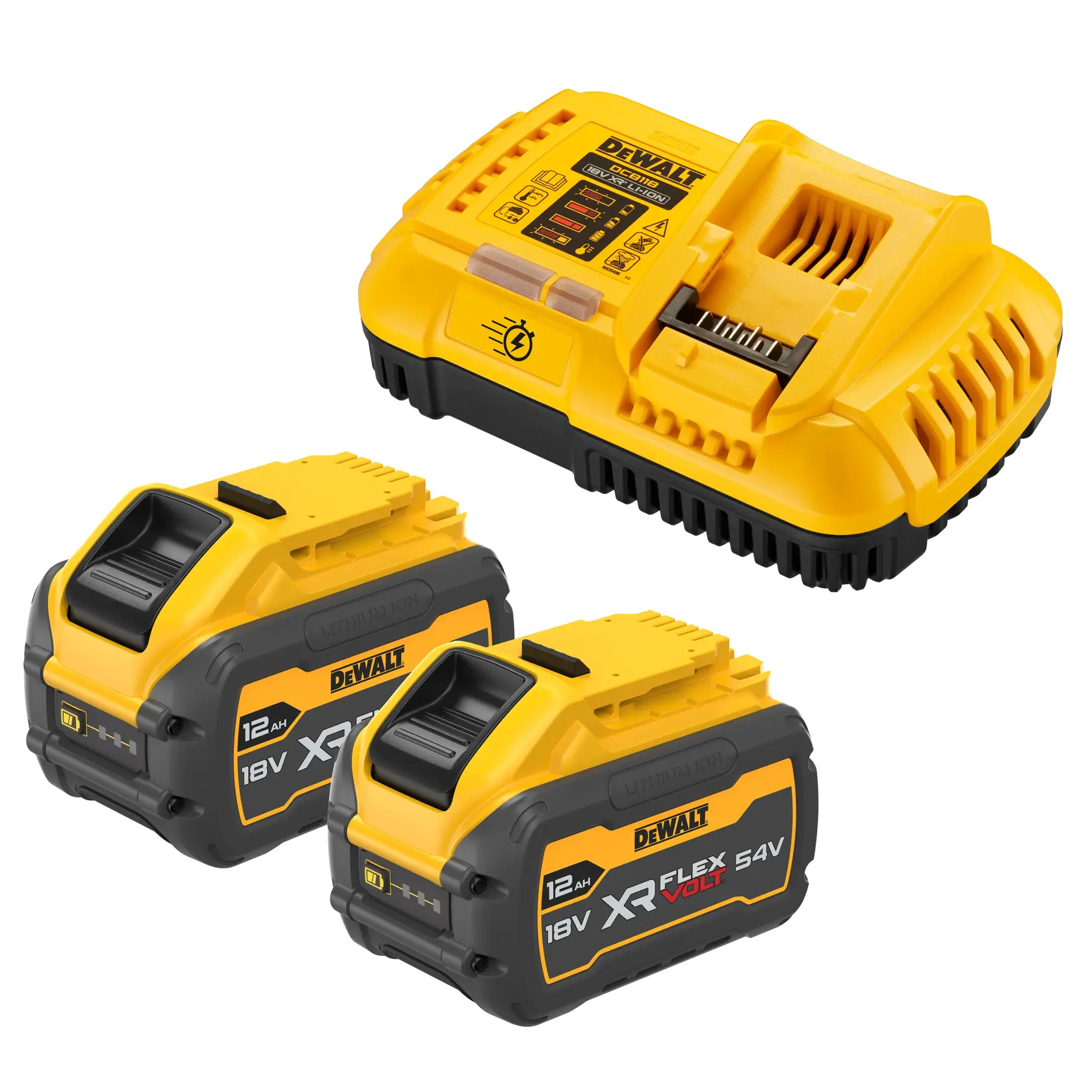Chargeur DEWALT et deux batteries XR FLEXVOLT 18V, jaune et noir, pour outils électriques.