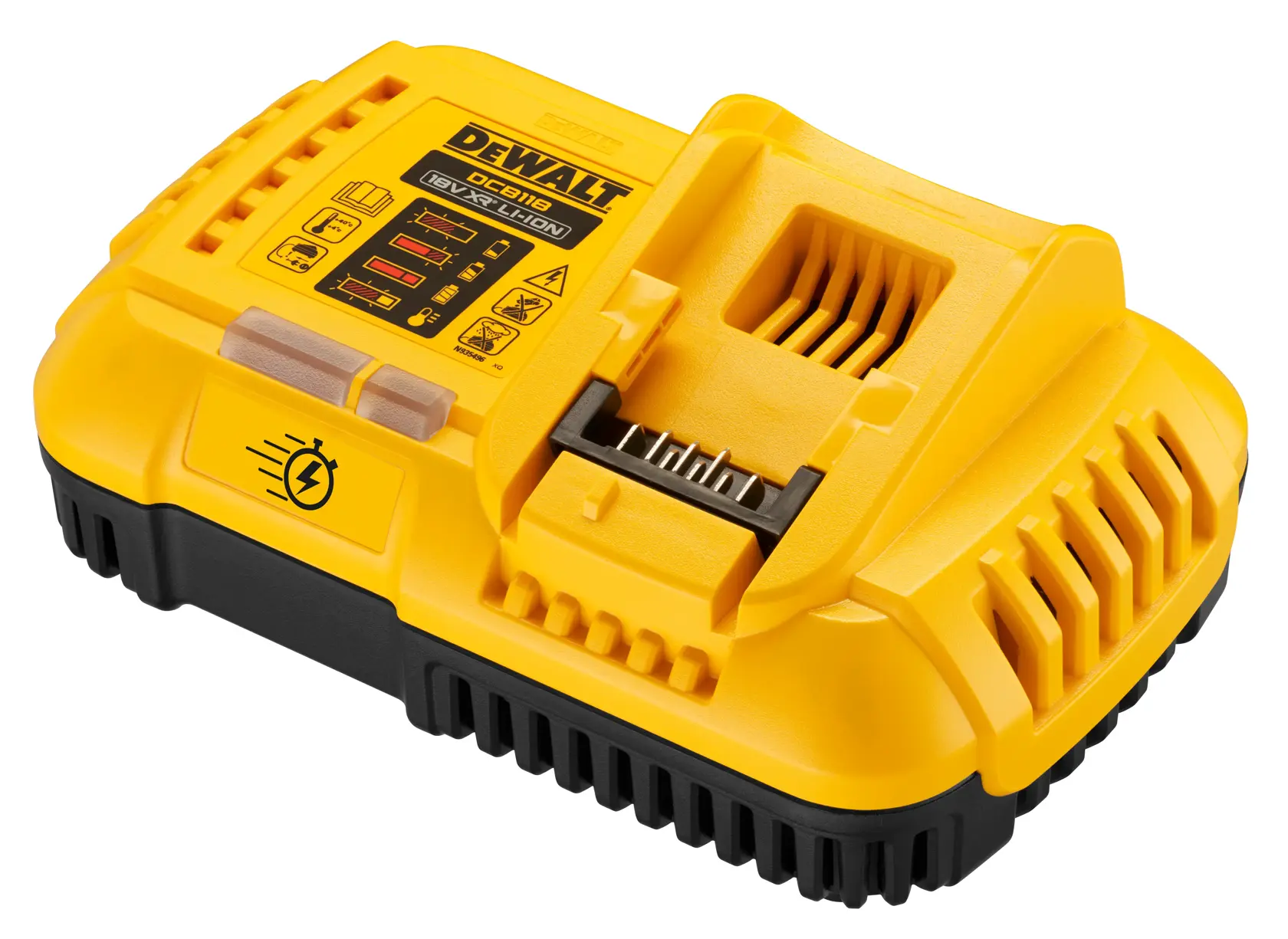 Chargeur de batterie lithium-ion DEWALT DCB118 jaune et noir, présenté sous un angle avec le panneau d’indicateurs et l’emplacement de chargement visibles.