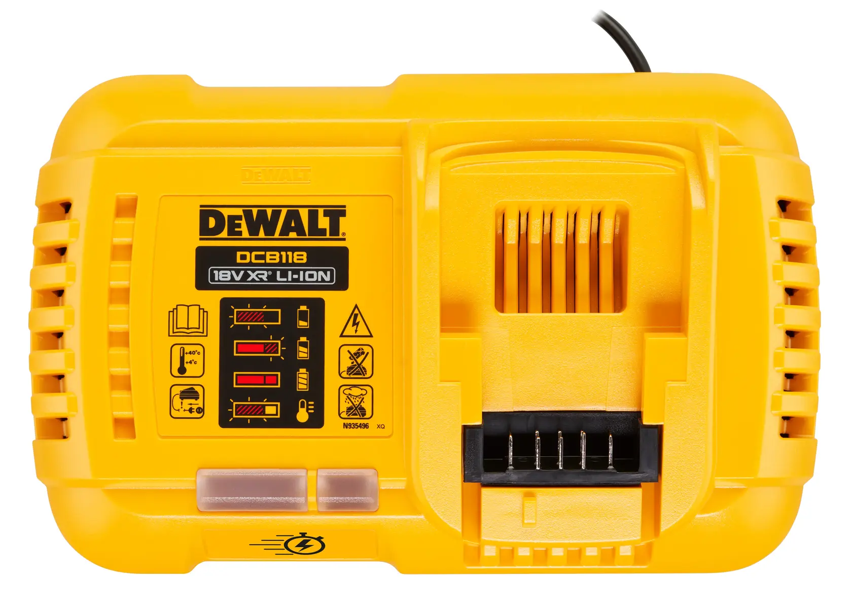 Photo du chargeur DEWALT, vue frontale, SKUs DCB118XY2T-QW, DCB118, DCB118XY2-QW, DCB118-B1, plastique jaune.