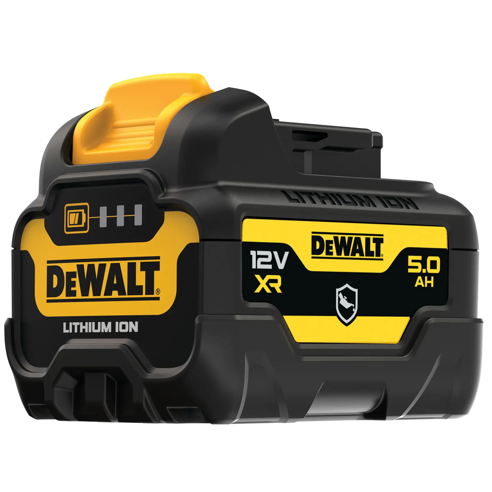 Image en gros plan d'une batterie lithium-ion DEWALT 12V MAX d'une capacité de 5 ampères-heures. La batterie est noire et jaune, avec le logo DEWALT, un indicateur d'état de la batterie et les spécifications techniques.
