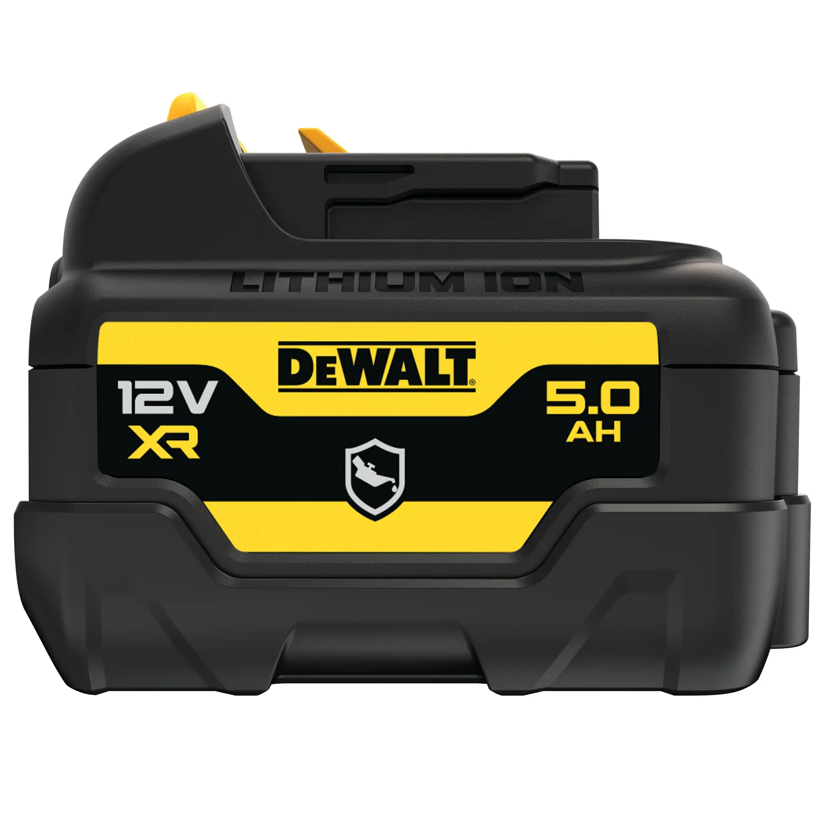 Une batterie lithium-ion DEWALT 12V MAX 5Ah, montrée avec un design noir et jaune, adaptée aux outils électriques.