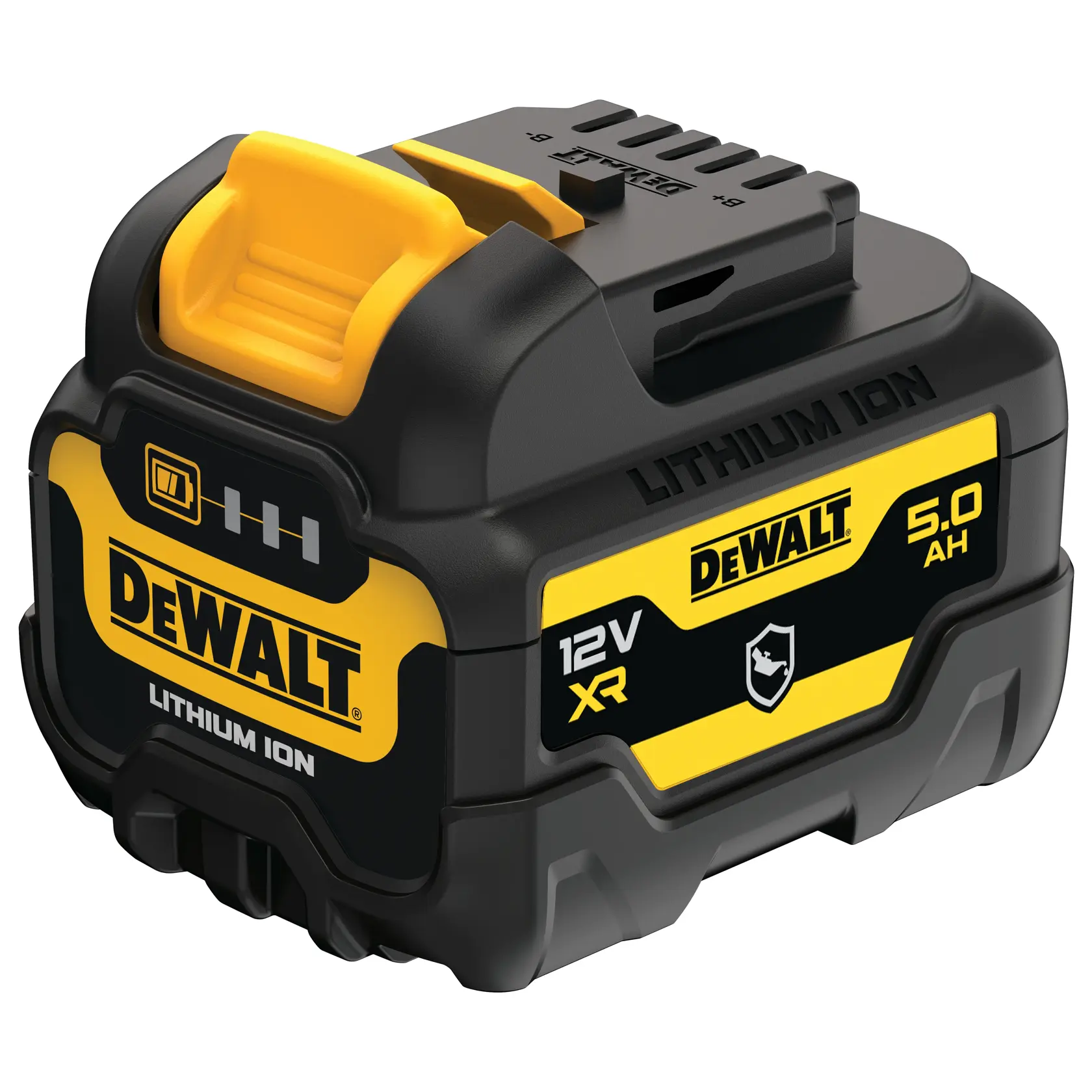 Une batterie lithium-ion DEWALT 12V Max avec une capacité de 5 ampères-heures. La batterie présente un design jaune et noir, une marque DEWALT et des témoins lumineux à l'avant.
