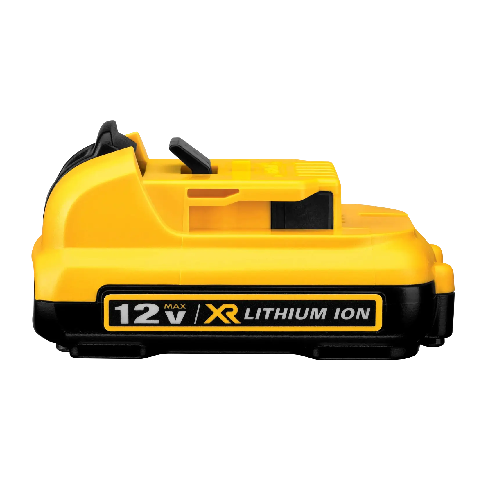 Une batterie DEWALT 12V XR Lithium Ion, vue de côté avec un boîtier jaune et noir et une étiquette sur le côté.