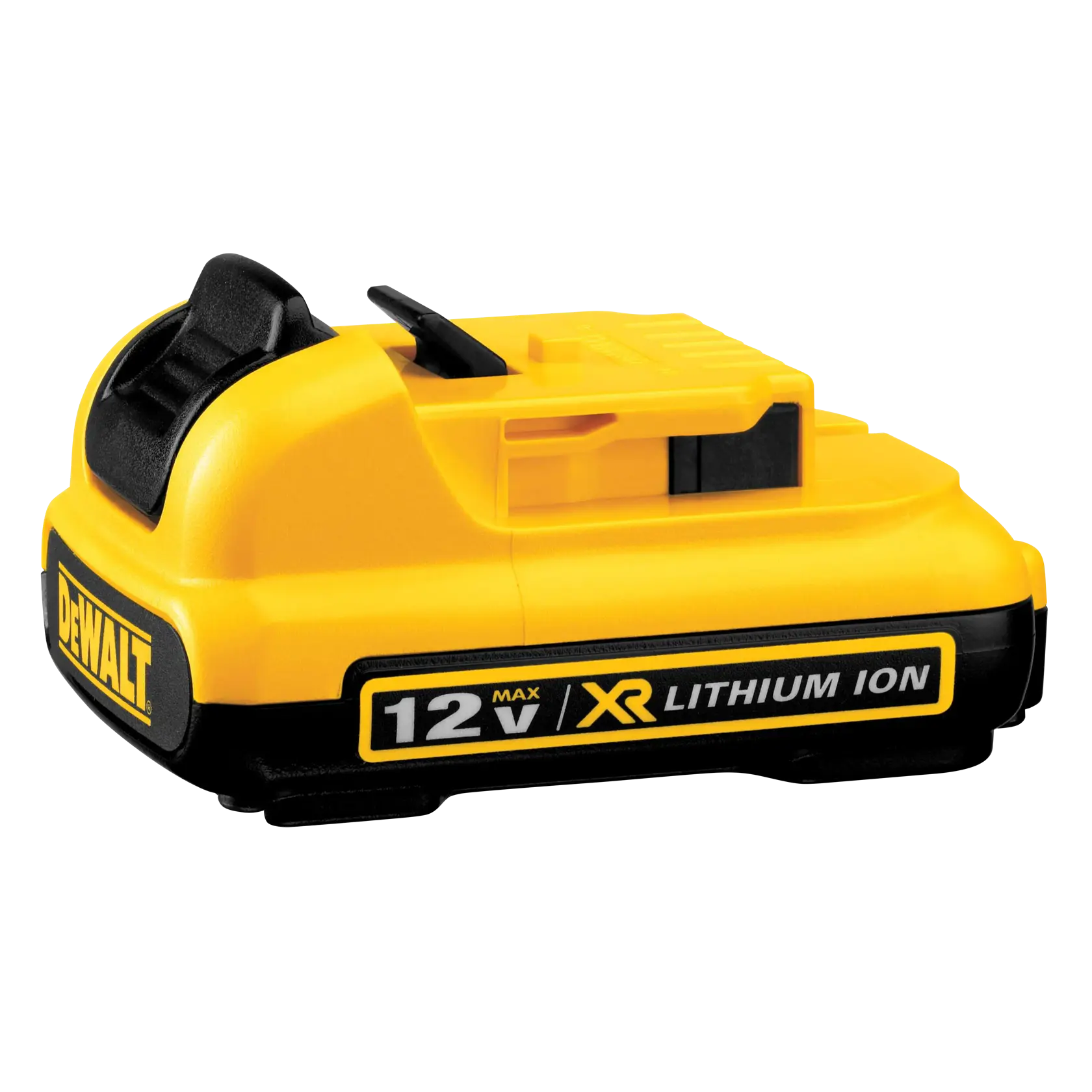 Bloc-pile rechargeable DEWALT 12V XR Lithium-Ion, jaune et noir, conçu pour outils électriques.