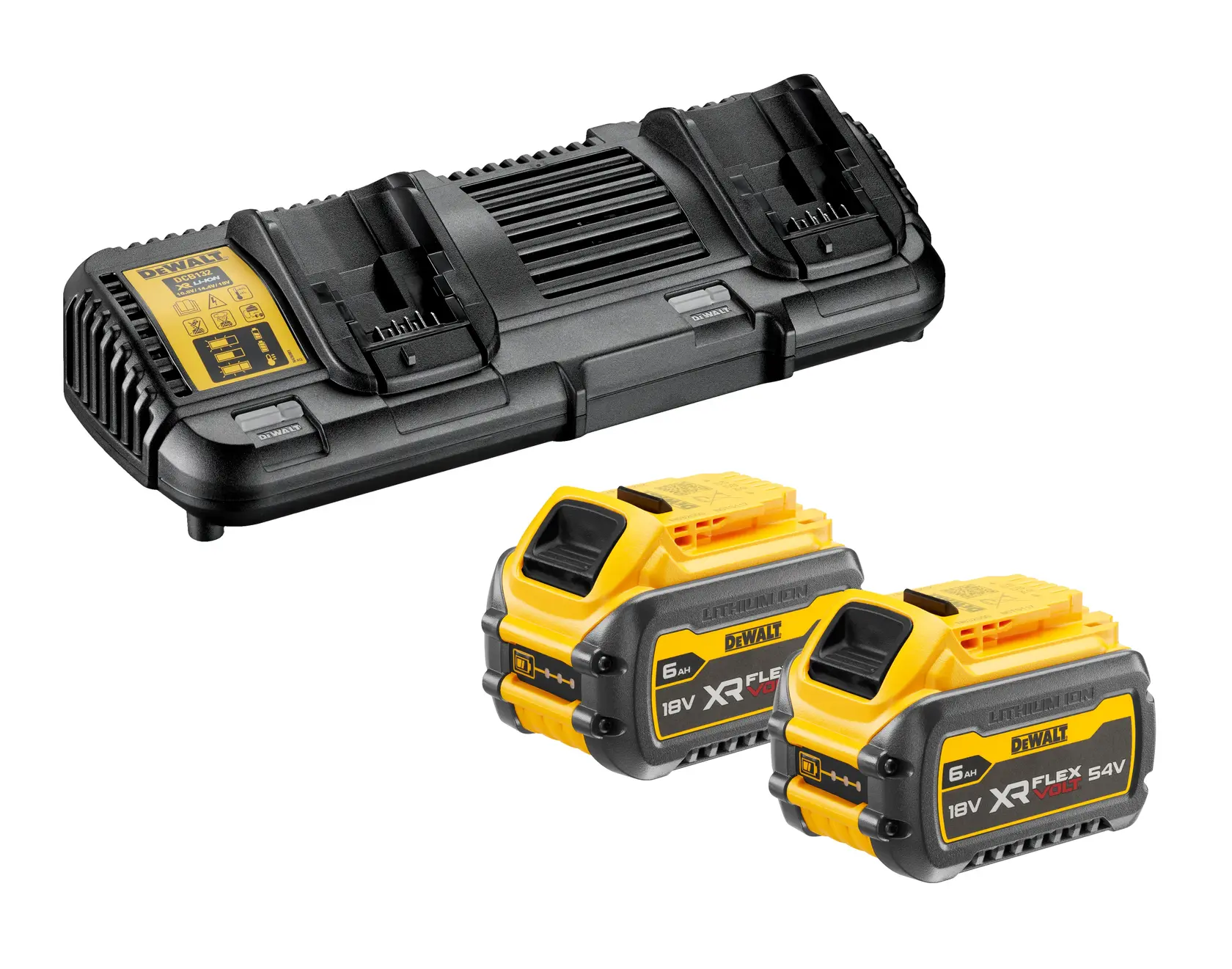 Kit de chargement de batteries DEWALT comprenant un chargeur de batteries à double port et deux batteries lithium-ion jaunes et noires 18V/54V XR FlexVolt.