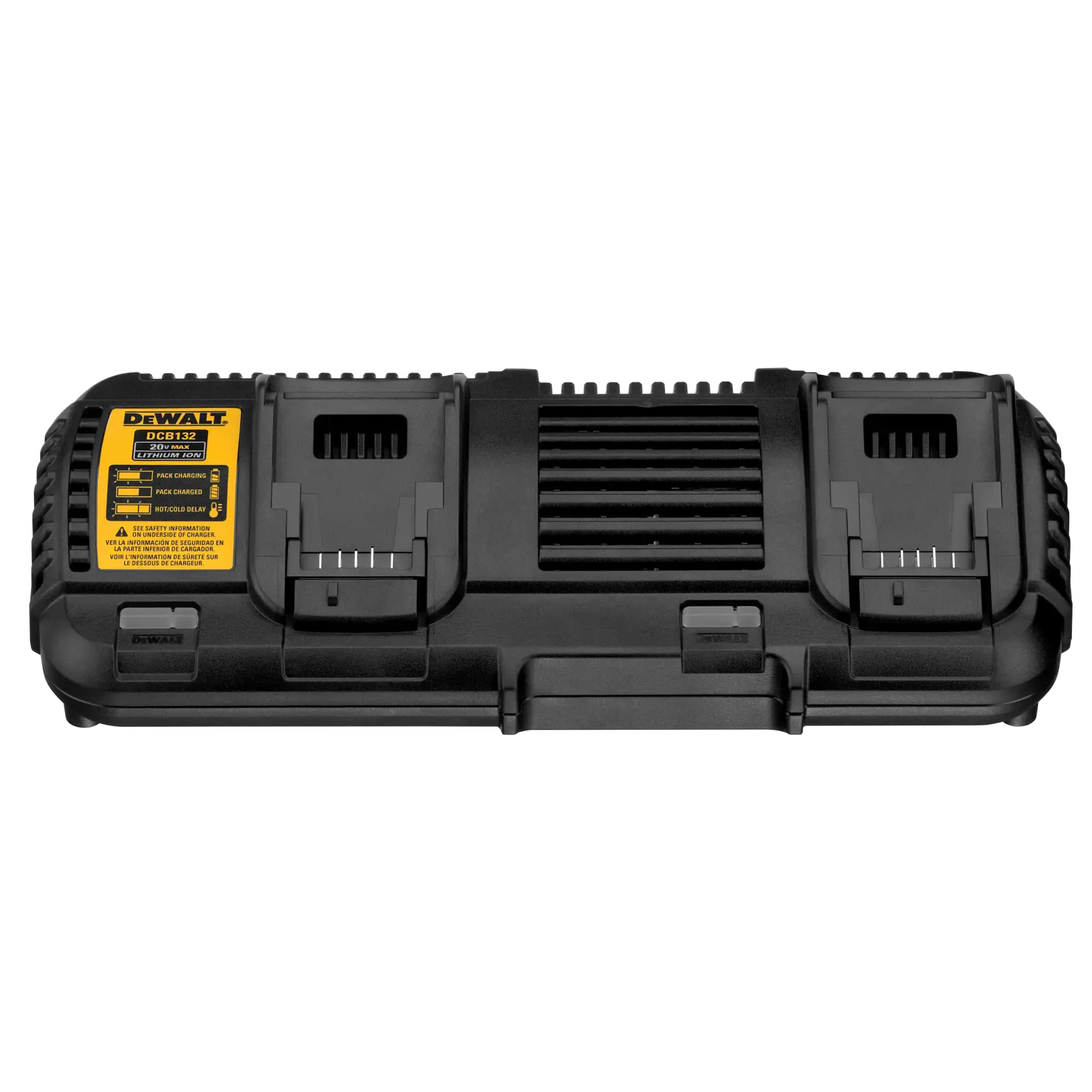 Vue de face d’un chargeur de batterie double DEWALT DCB132, comprenant deux emplacements de charge distincts et une étiquette produit jaune sur le côté gauche, conçu pour recharger des batteries lithium-ion.