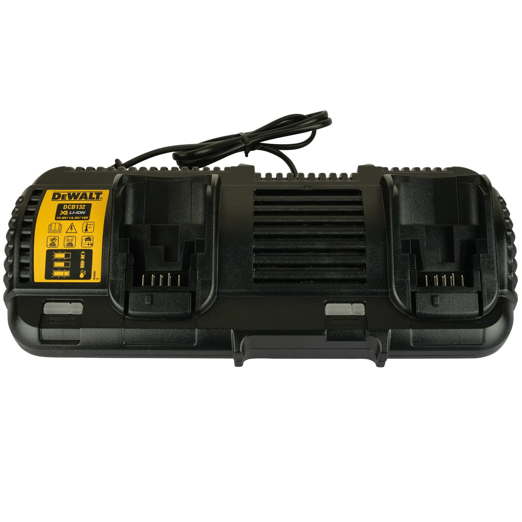 Chargeur double DEWALT DCB132 noir, étiquette jaune et câble, vue de face.
