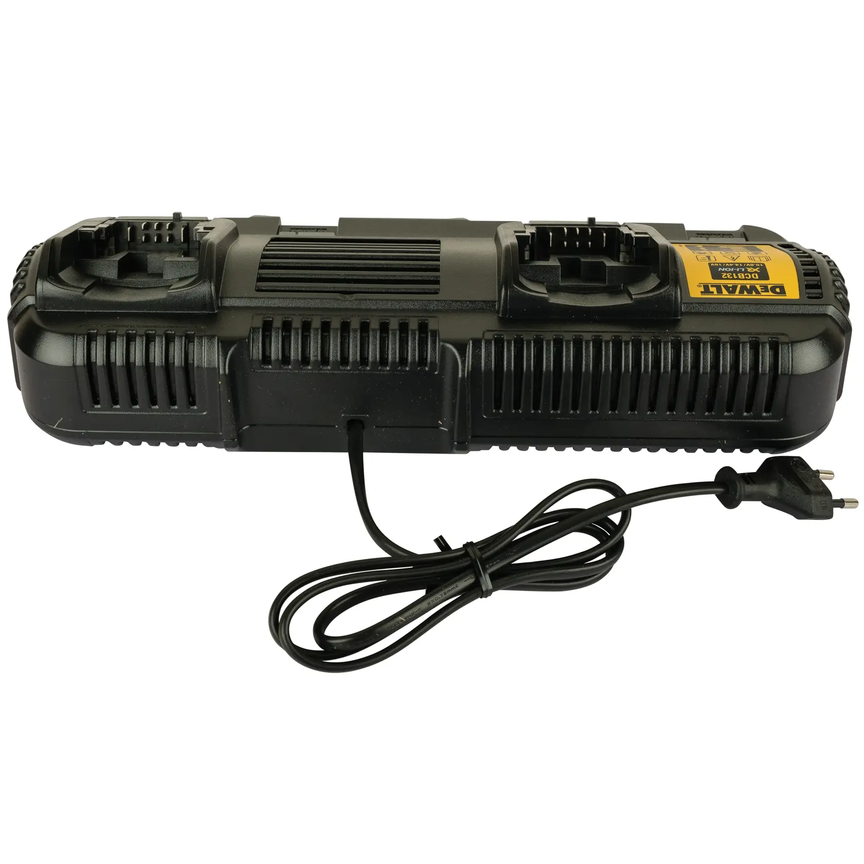 Chargeur double DEWALT DCB132 avec câble d'alimentation pour batteries d'outils, vu de dessus.