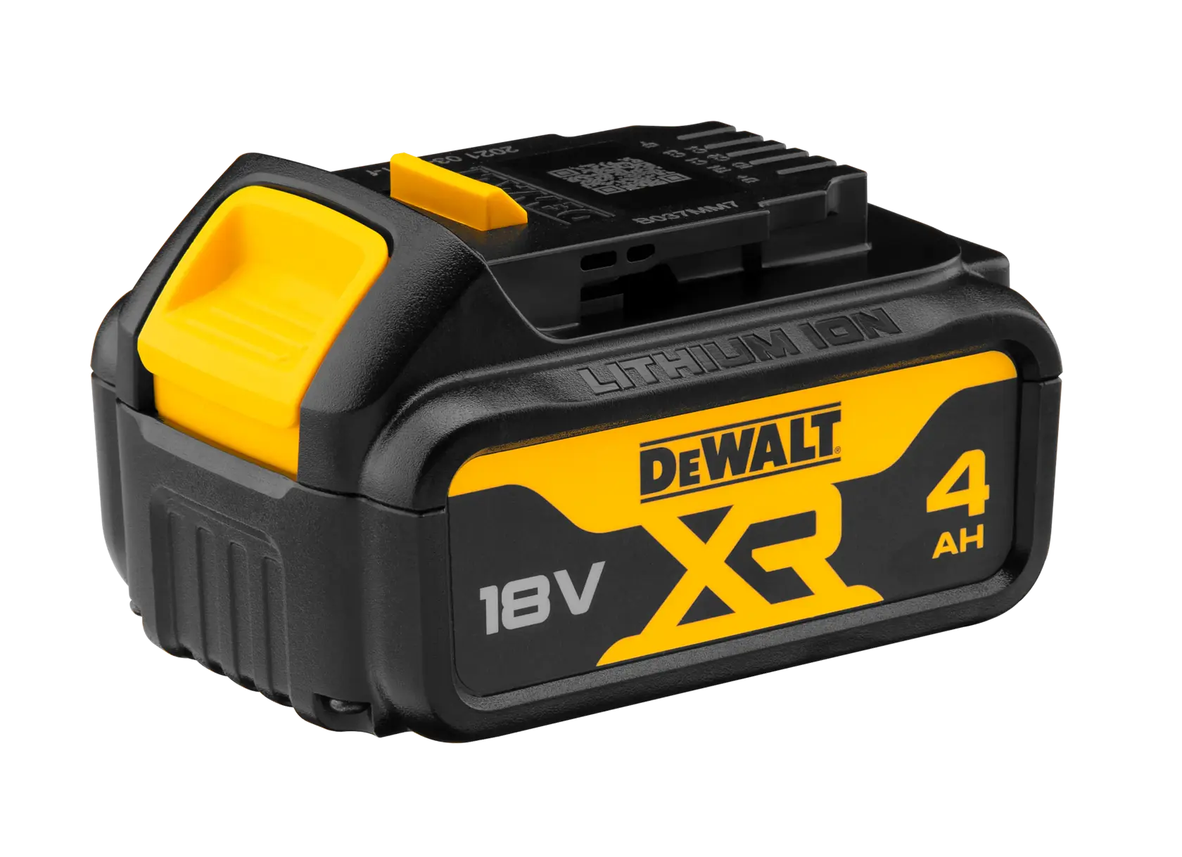 Batterie lithium-ion DEWALT XR 18V 4,0Ah, noire et jaune, conçue pour outils électriques.