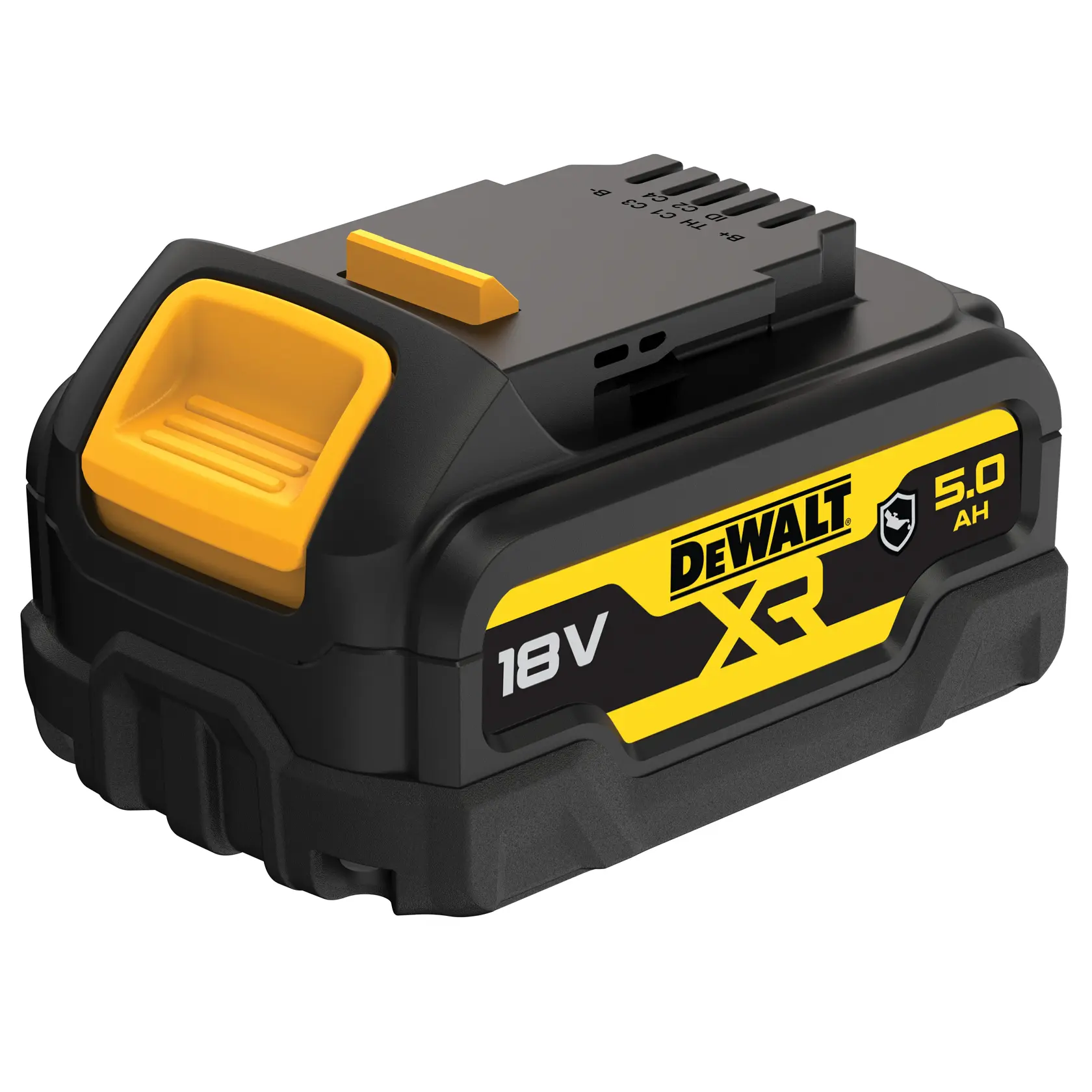 Batterie rechargeable DEWALT XR 18V 5,0Ah pour outils électriques, avec un design noir et jaune et le logo sur le côté.