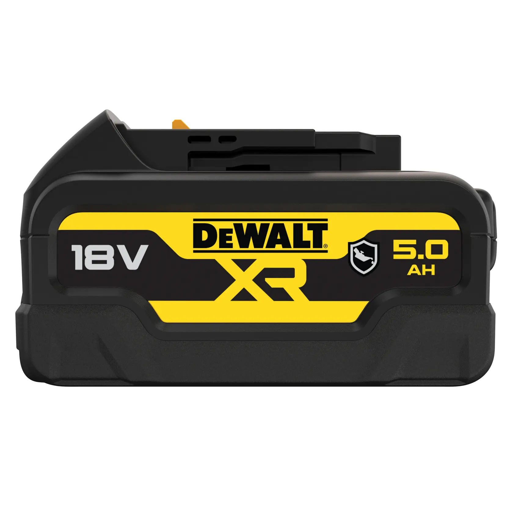 Batterie rechargeable pour outil électroportatif DEWALT XR 18V 5.0Ah, noire avec marquage jaune et icône de conception durable.