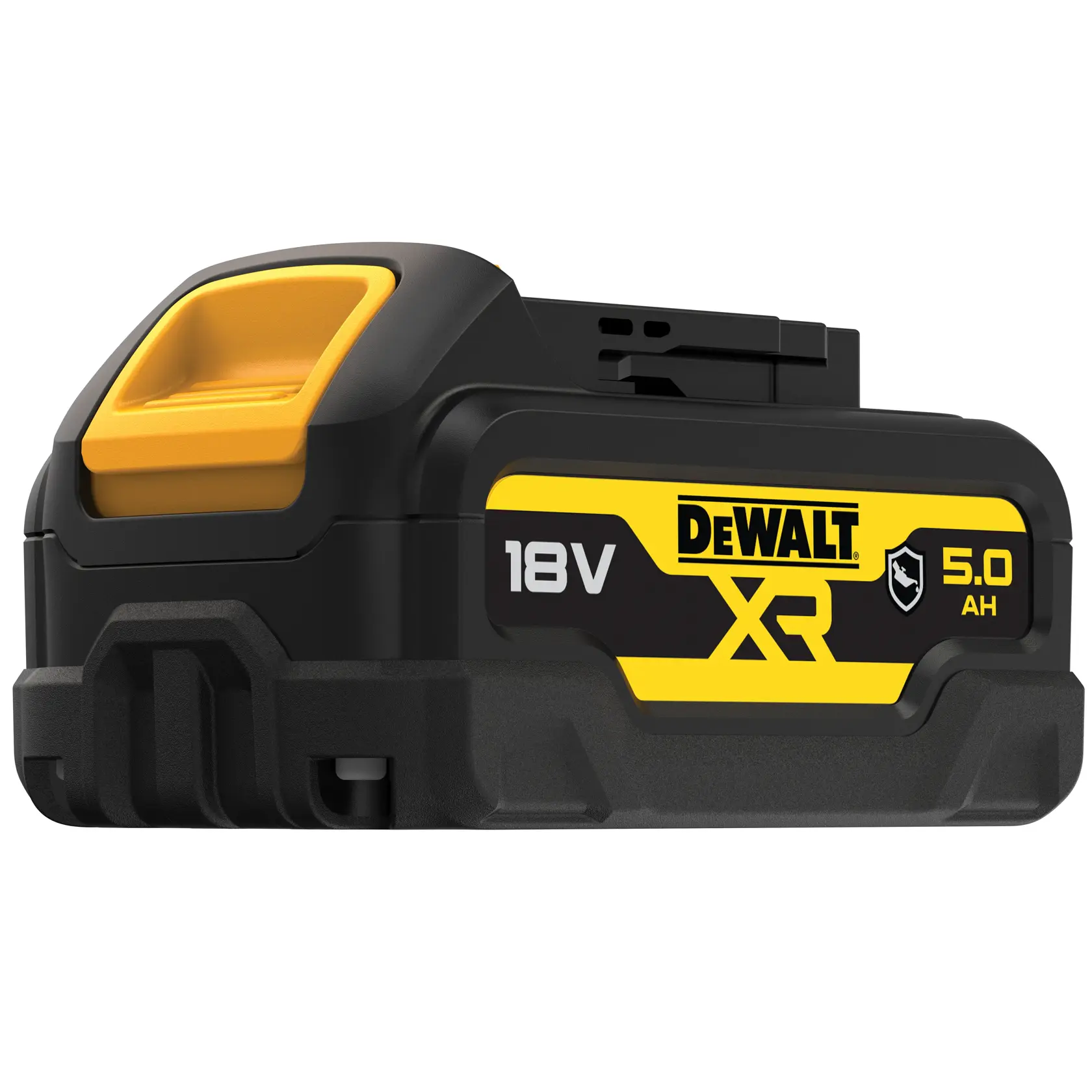 Une batterie rechargeable DEWALT XR 18V 5,0Ah, présentant un design noir et jaune avec le logo et les spécifications techniques affichés sur le côté.