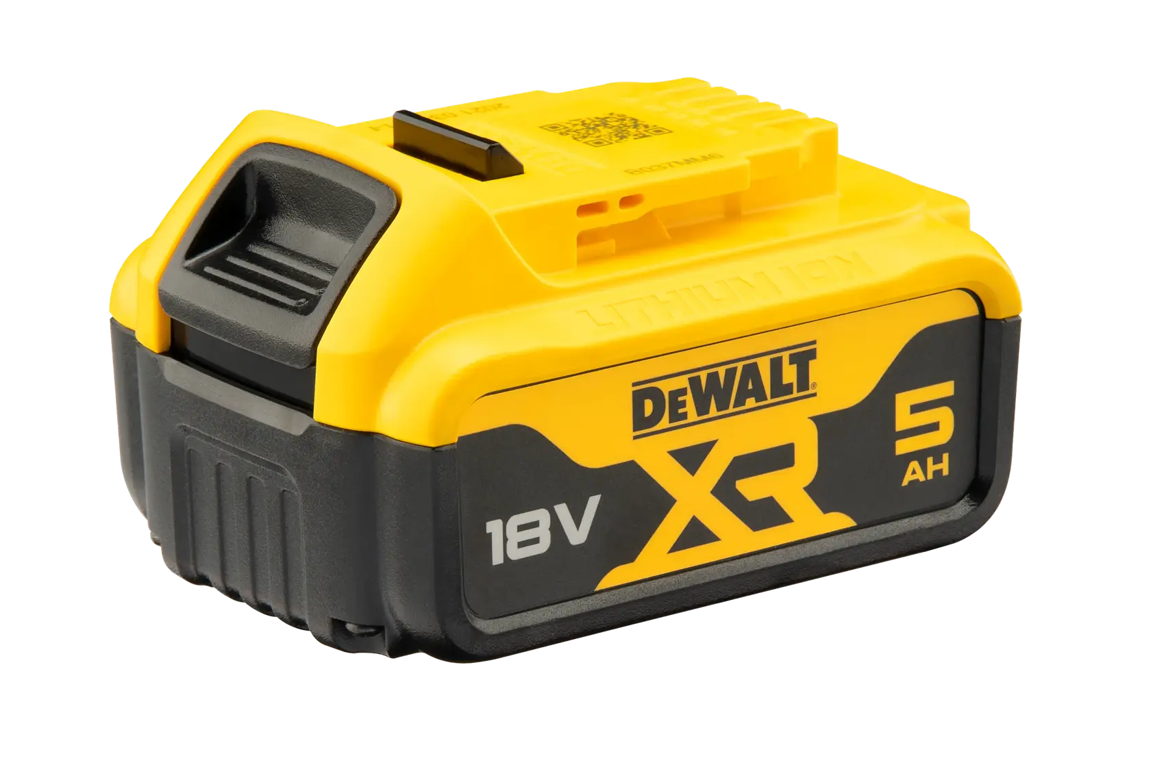 Une batterie au lithium-ion DEWALT XR 18V 5Ah pour outils électriques, présentée en jaune et noir.