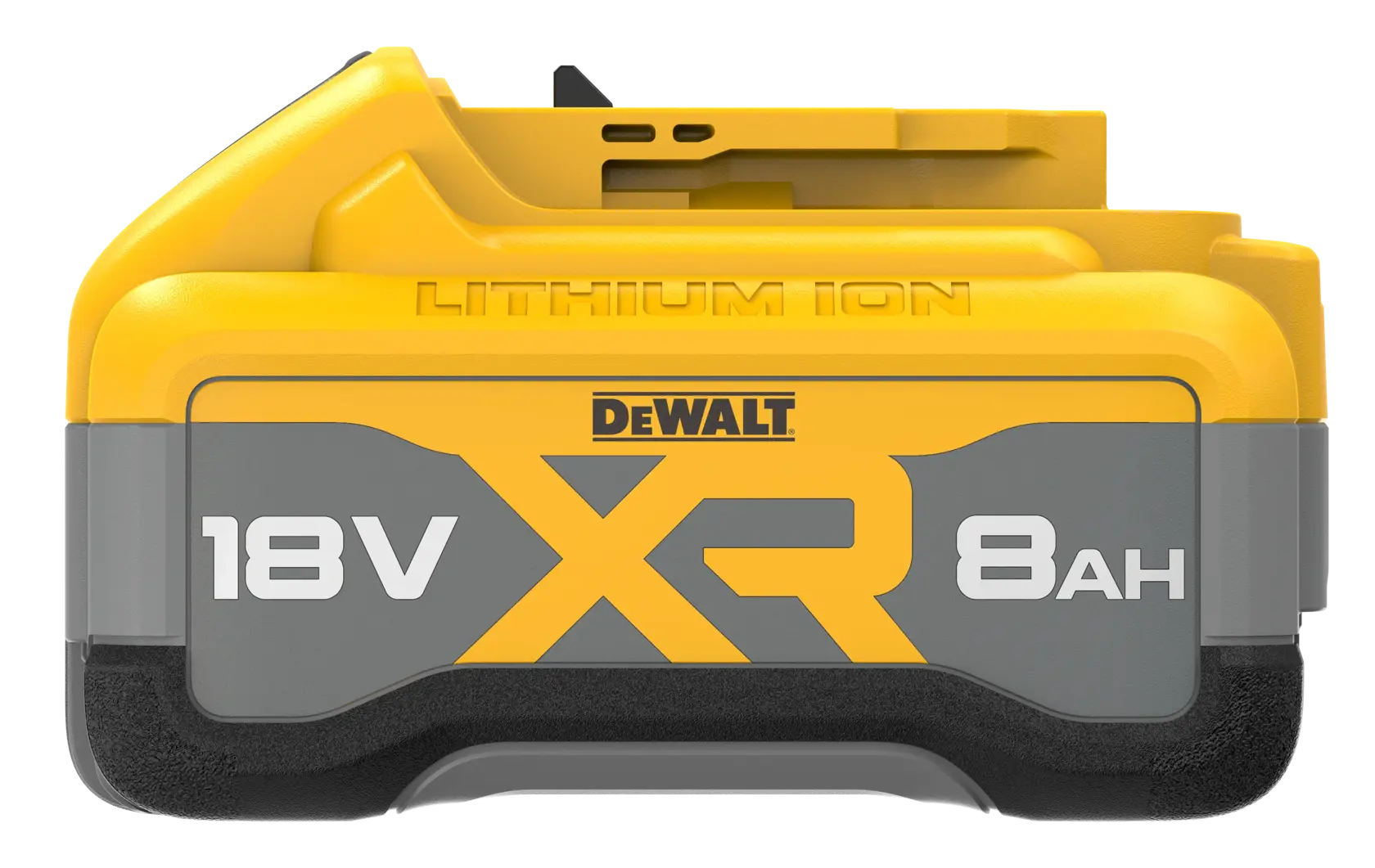 DEWALT 18V XR 8Ah Lithium-Ionen-Akku für Werkzeuge, gelb und grau, Vorderansicht.