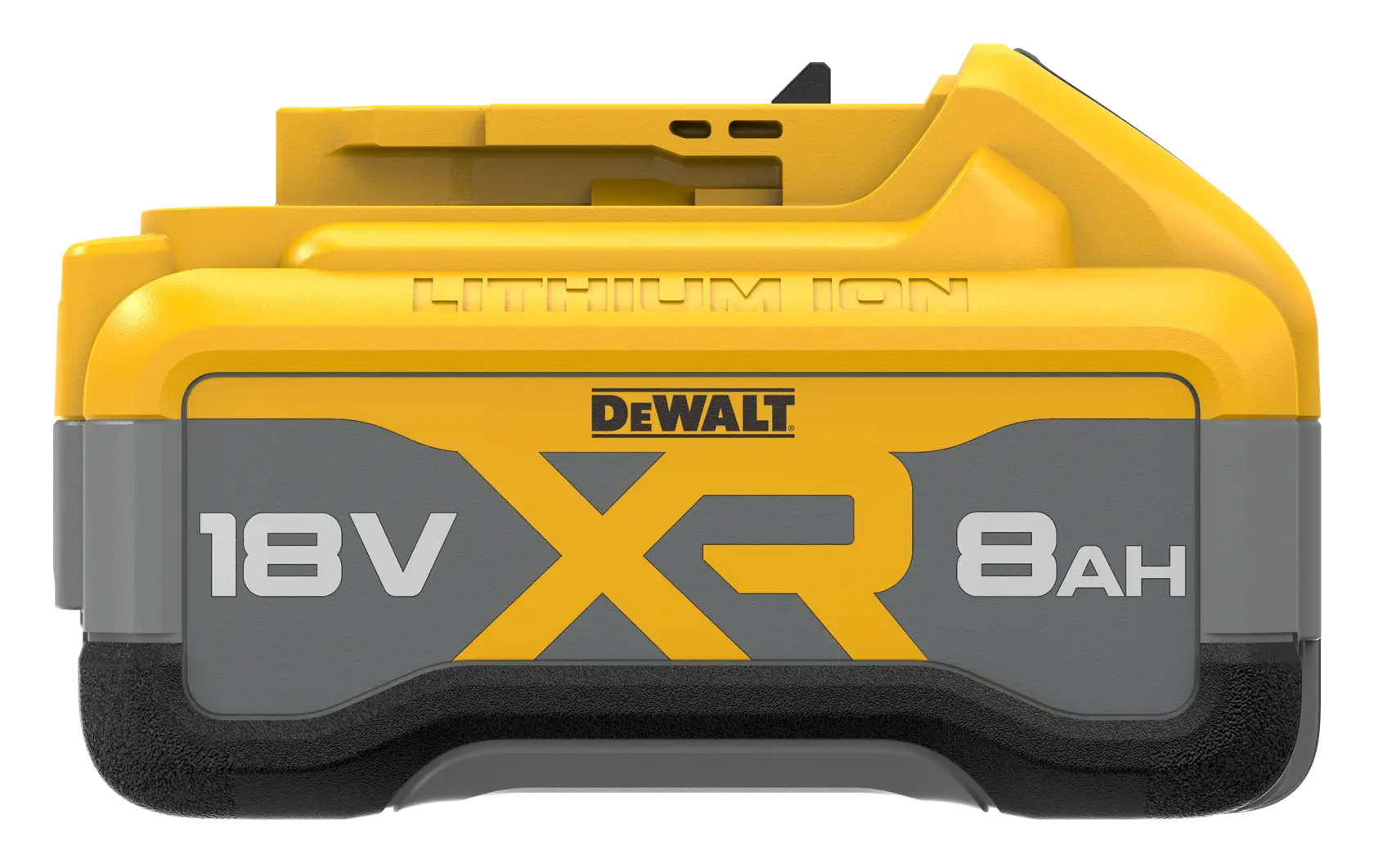DEWALT 18V XR 8Ah Lithium-Ionen-Akku, gelb und grau, Frontansicht.