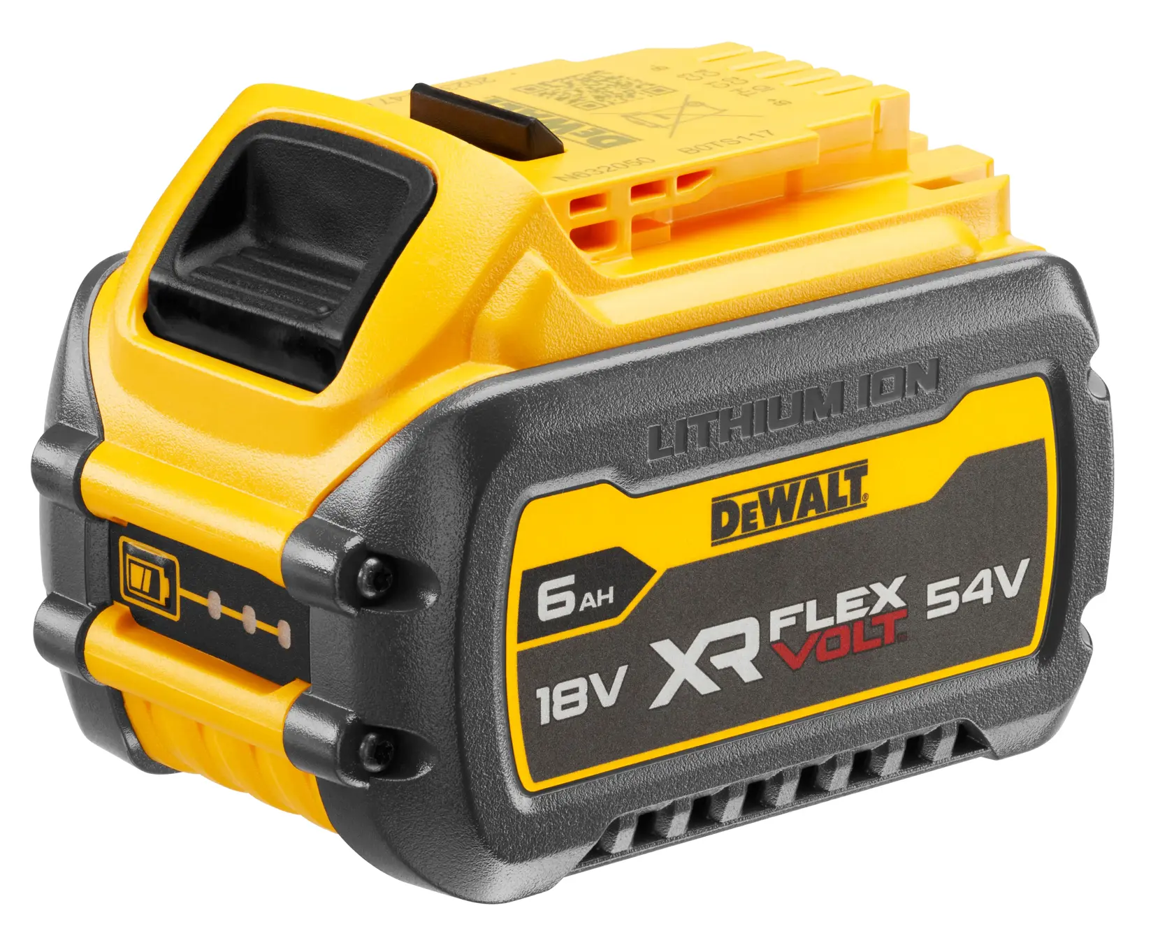 Batterie rechargeable au lithium-ion DEWALT XR FLEXVOLT 18V/54V 6Ah, avec un boîtier jaune et noir affichant la marque et les spécifications du produit sur le côté.