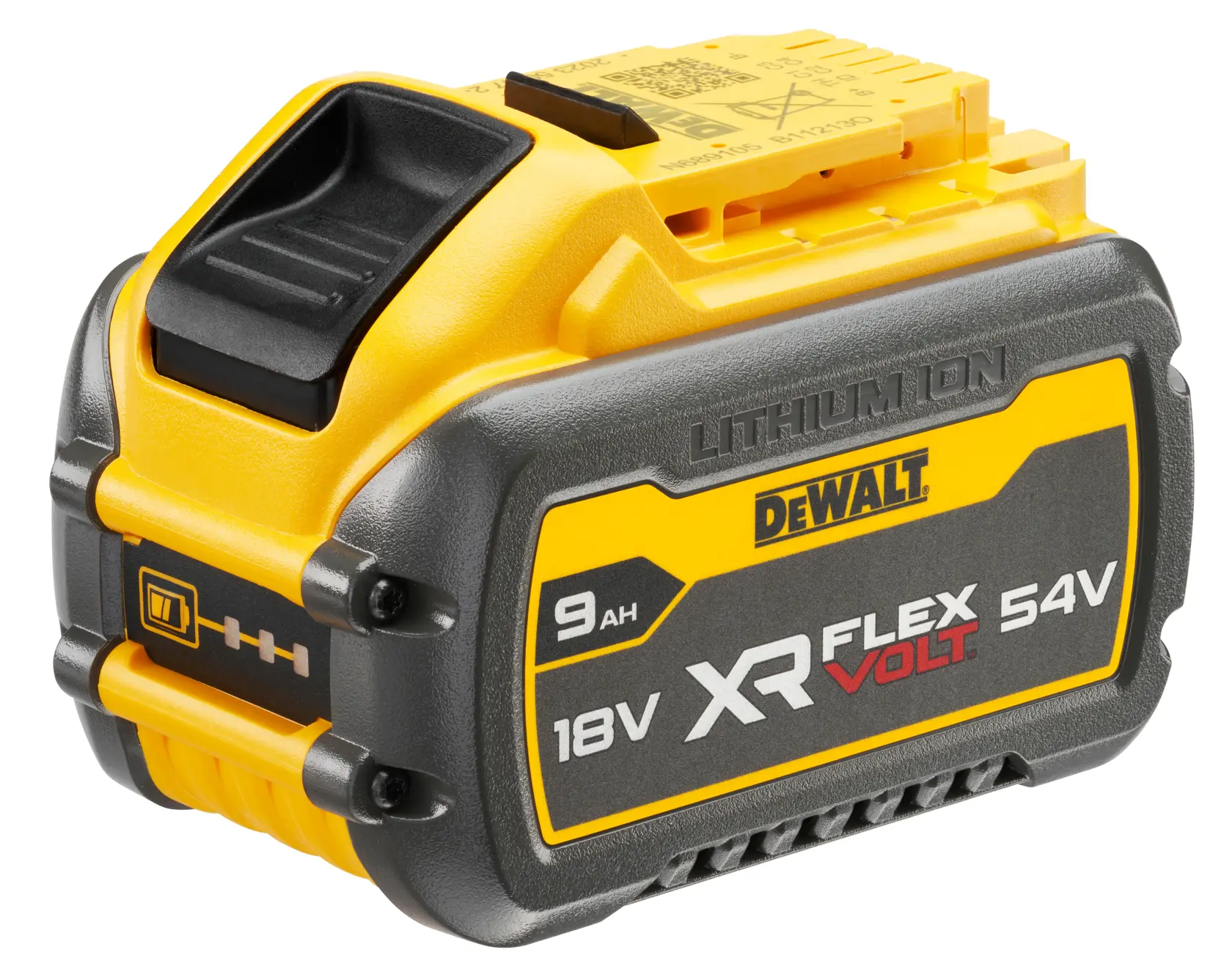 Une batterie lithium-ion DEWALT XR FlexVolt 18V/54V, modèle DCB547, d'une capacité de 9Ah. La batterie est de couleur jaune et noire et affiche ses spécifications techniques et la marque sur le côté.