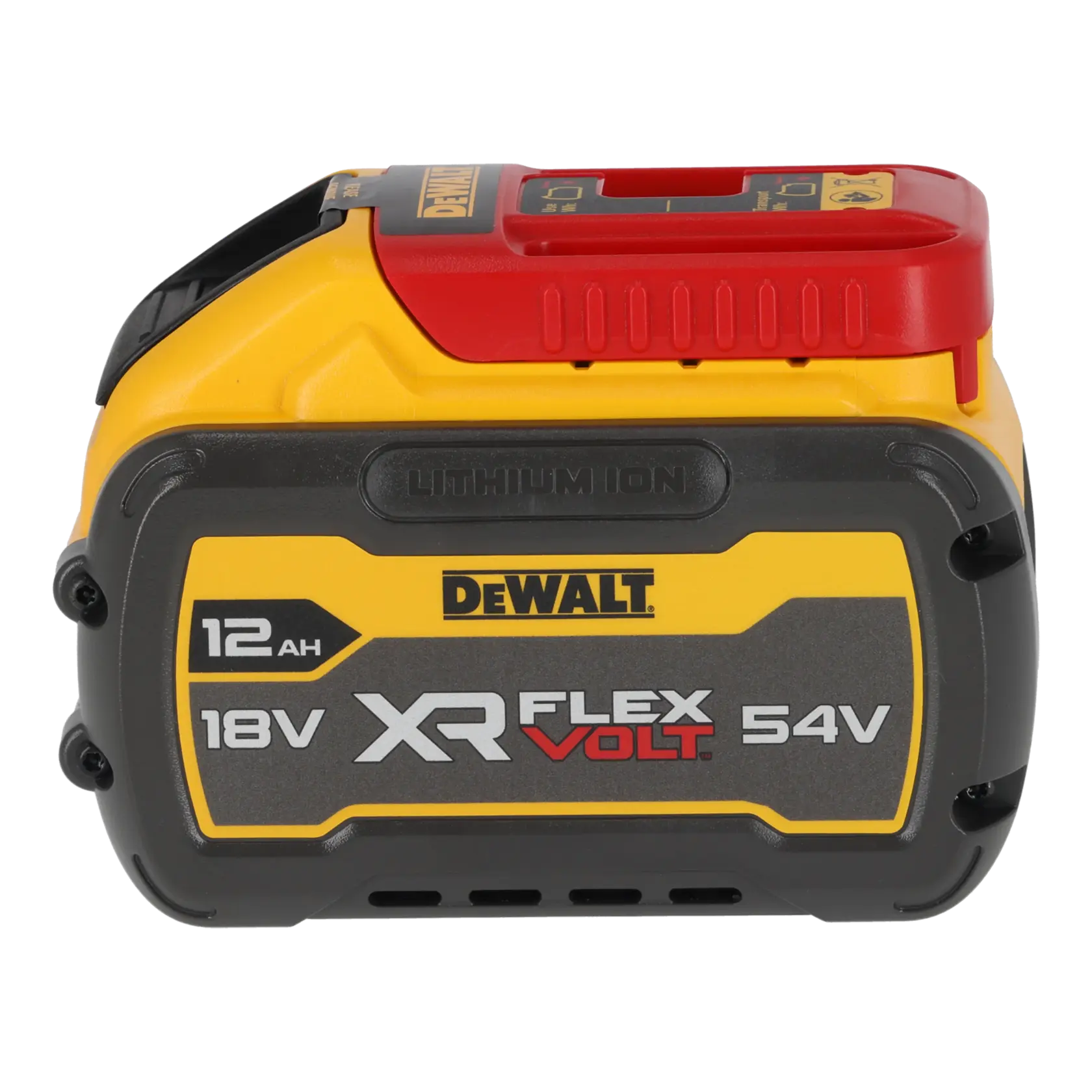 Batterie lithium-ion DEWALT XR FLEXVOLT 18V/54V 12Ah, boîtier noir et jaune.