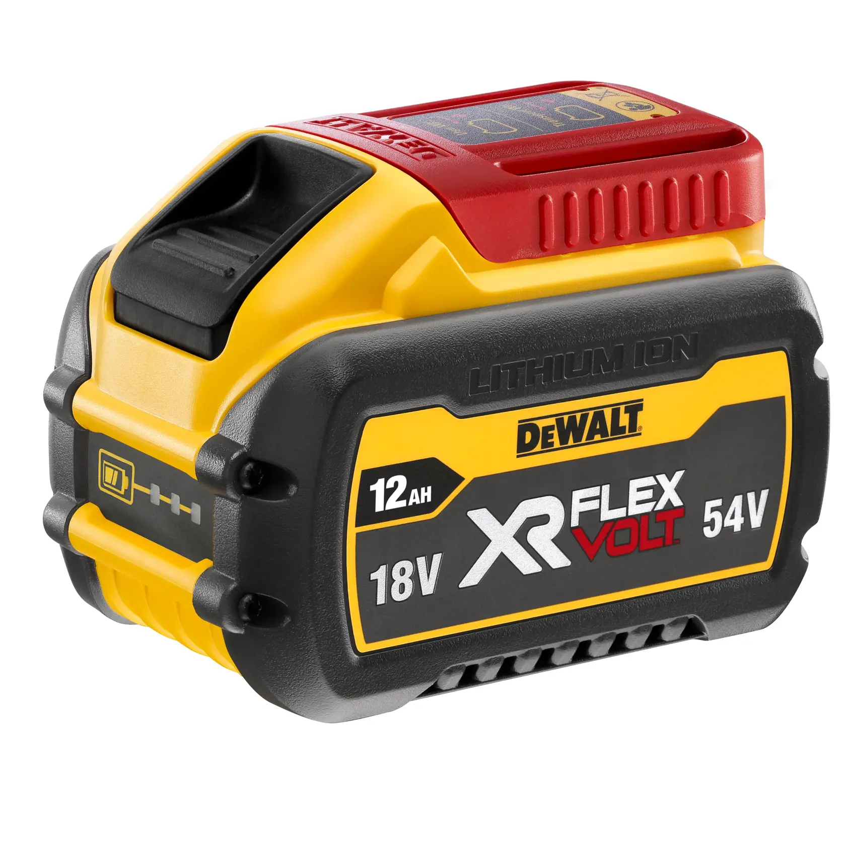 Logo DEWALT FLEXVOLT avec DEWALT en lettres jaunes et épaisses et FLEXVOLT en lettres blanches et rouges sur un fond noir.