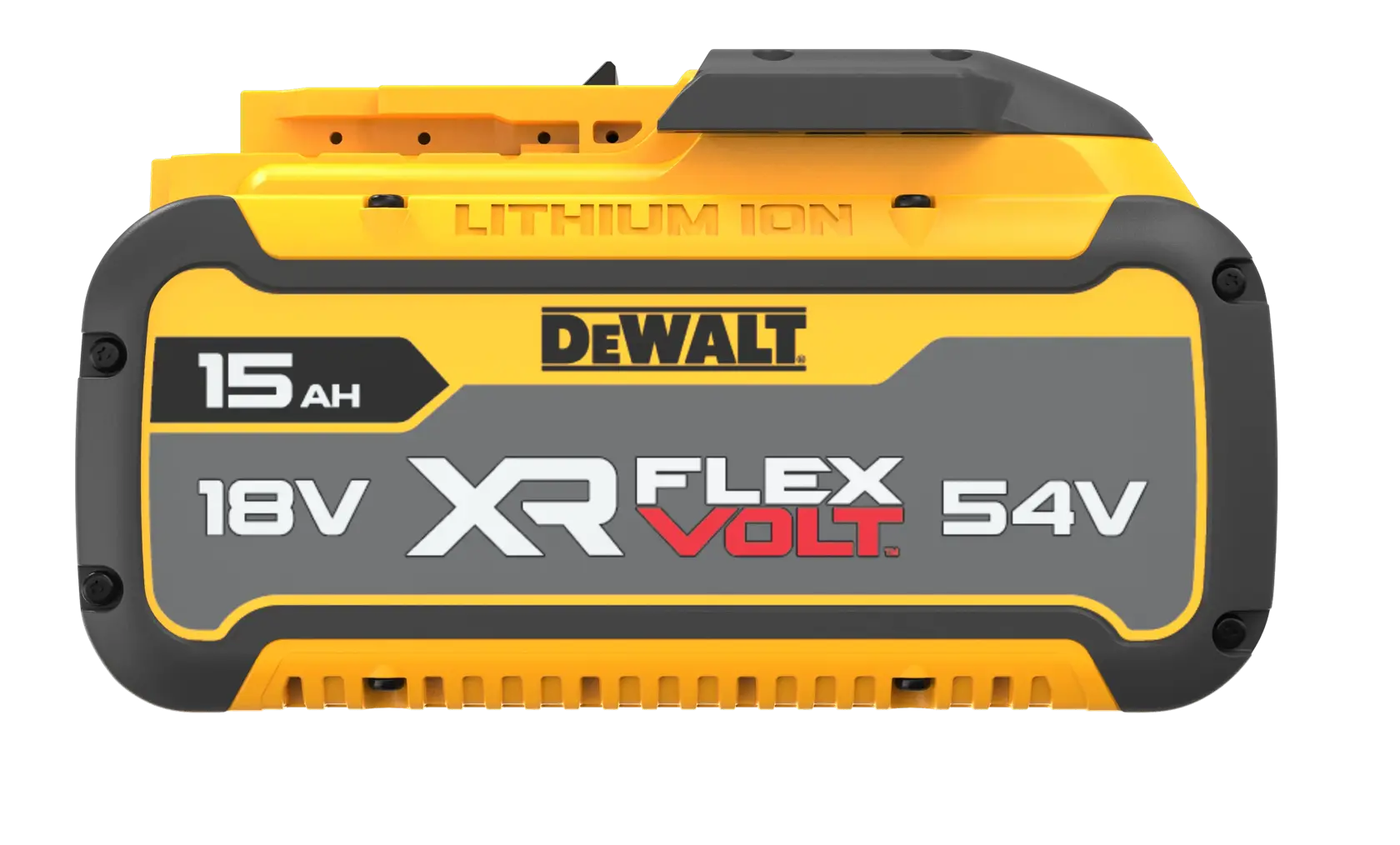 Logo DEWALT FLEXVOLT avec DEWALT en lettres jaunes et épaisses et FLEXVOLT en lettres blanches et rouges sur un fond noir.