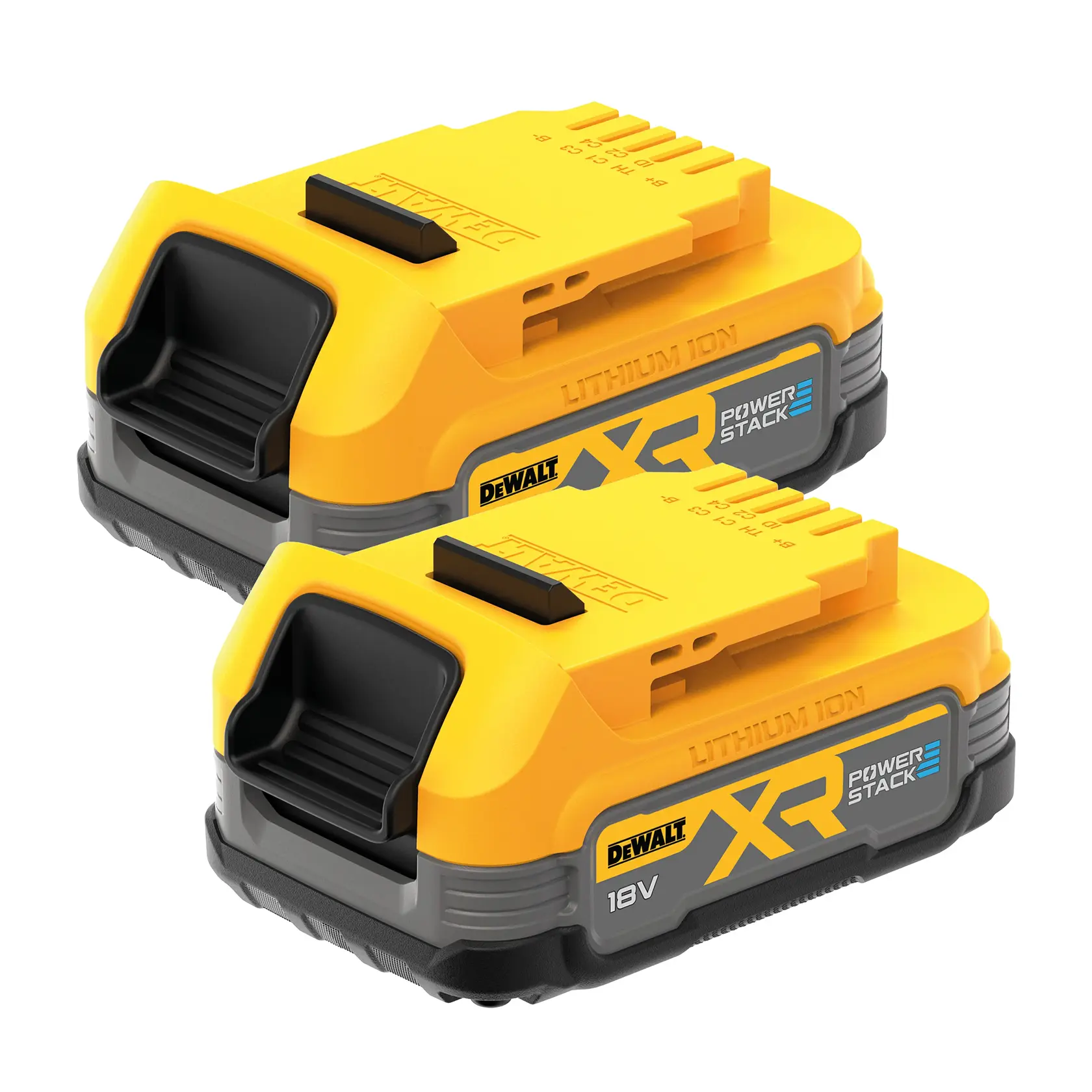 Deux batteries DEWALT XR PowerStack 18V lithium-ion jaunes et noires, côte à côte.