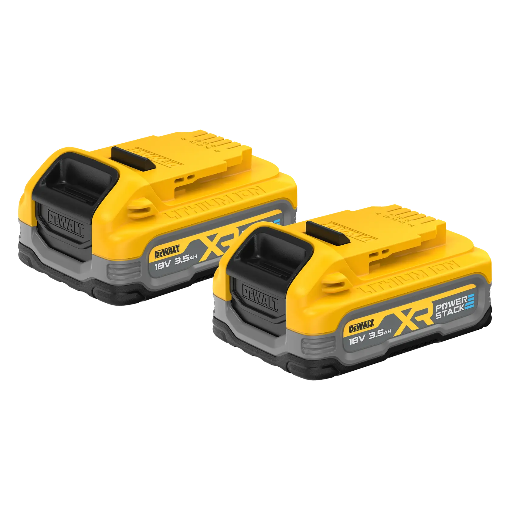 Deux batteries lithium-ion DEWALT XR POWERSTACK 18V 3,5Ah de couleur jaune et noire, présentées côte à côte.