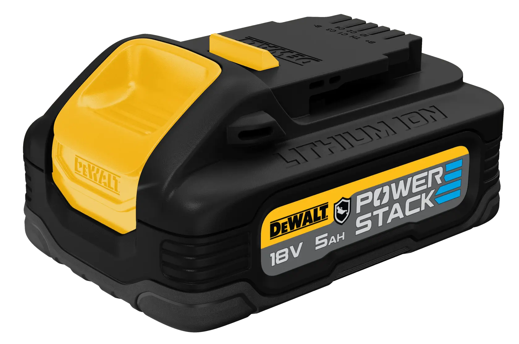 Batterie DEWALT POWERSTACK 18V 5Ah lithium-ion, noir et jaune, vue latérale sur fond blanc.