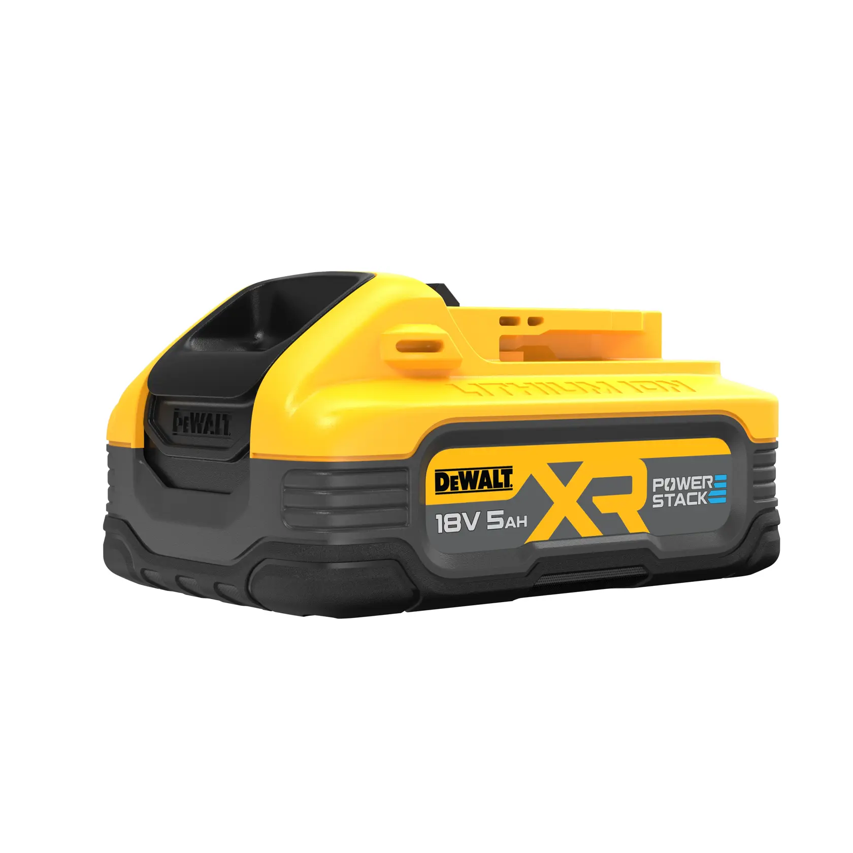 Batterie DEWALT 18V XR Powerstack, capacité 5Ah, jaune et noire, pour outils électriques.