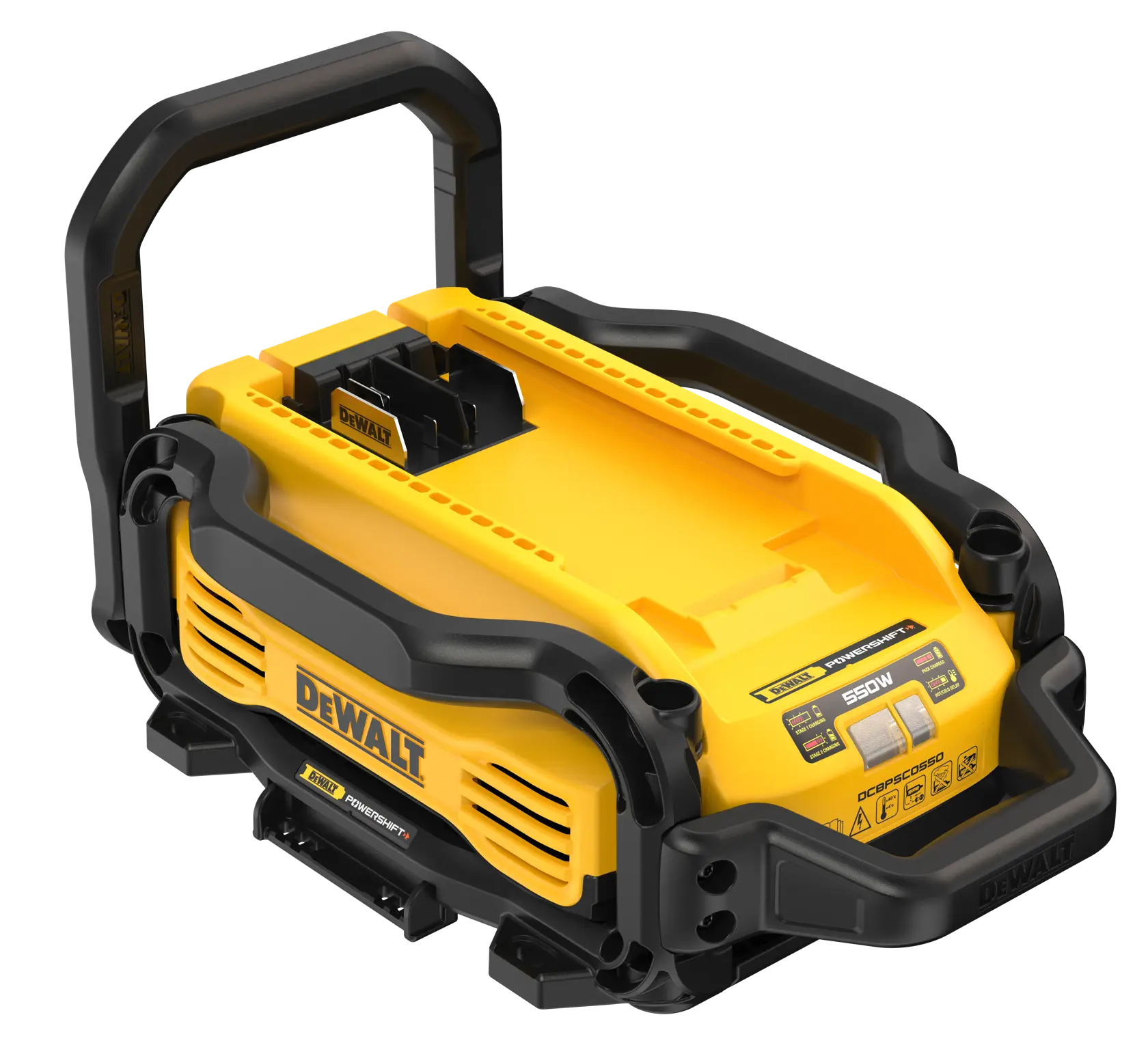 Une station d'alimentation portable DEWALT, modèle DCBPSC0550, avec un design jaune et noir, une poignée et des emplacements pour packs de batteries. Le panneau avant affiche le logo DEWALT, des étiquettes de contrôle et des spécifications.