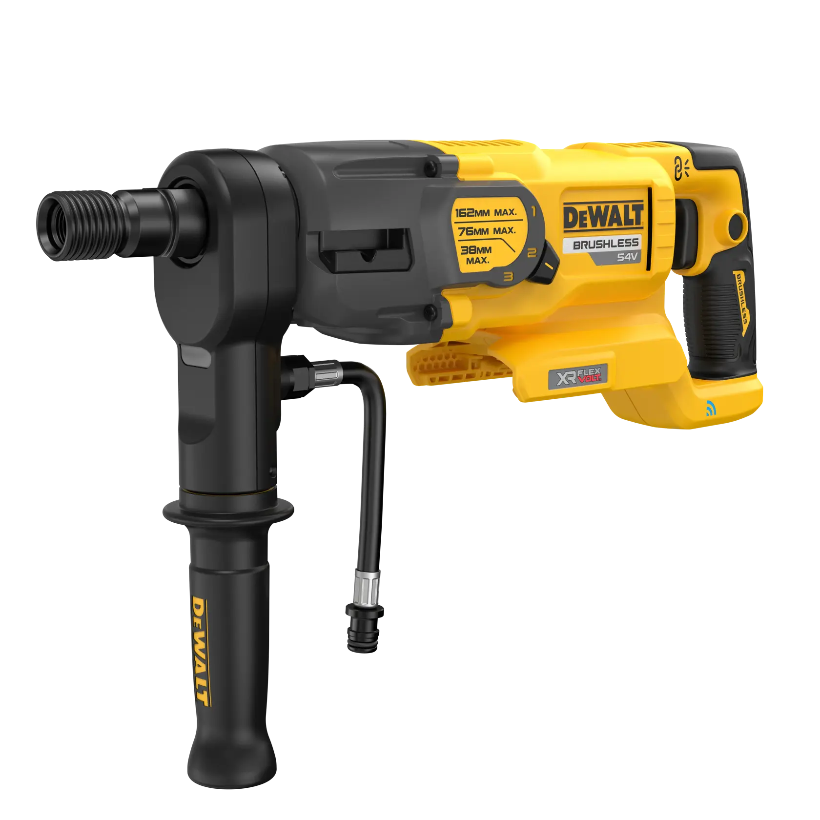 Perceuse sans fil brushless DEWALT DCD150NK avec poignée latérale et raccord de tuyau d'eau, présentée en jaune et noir.