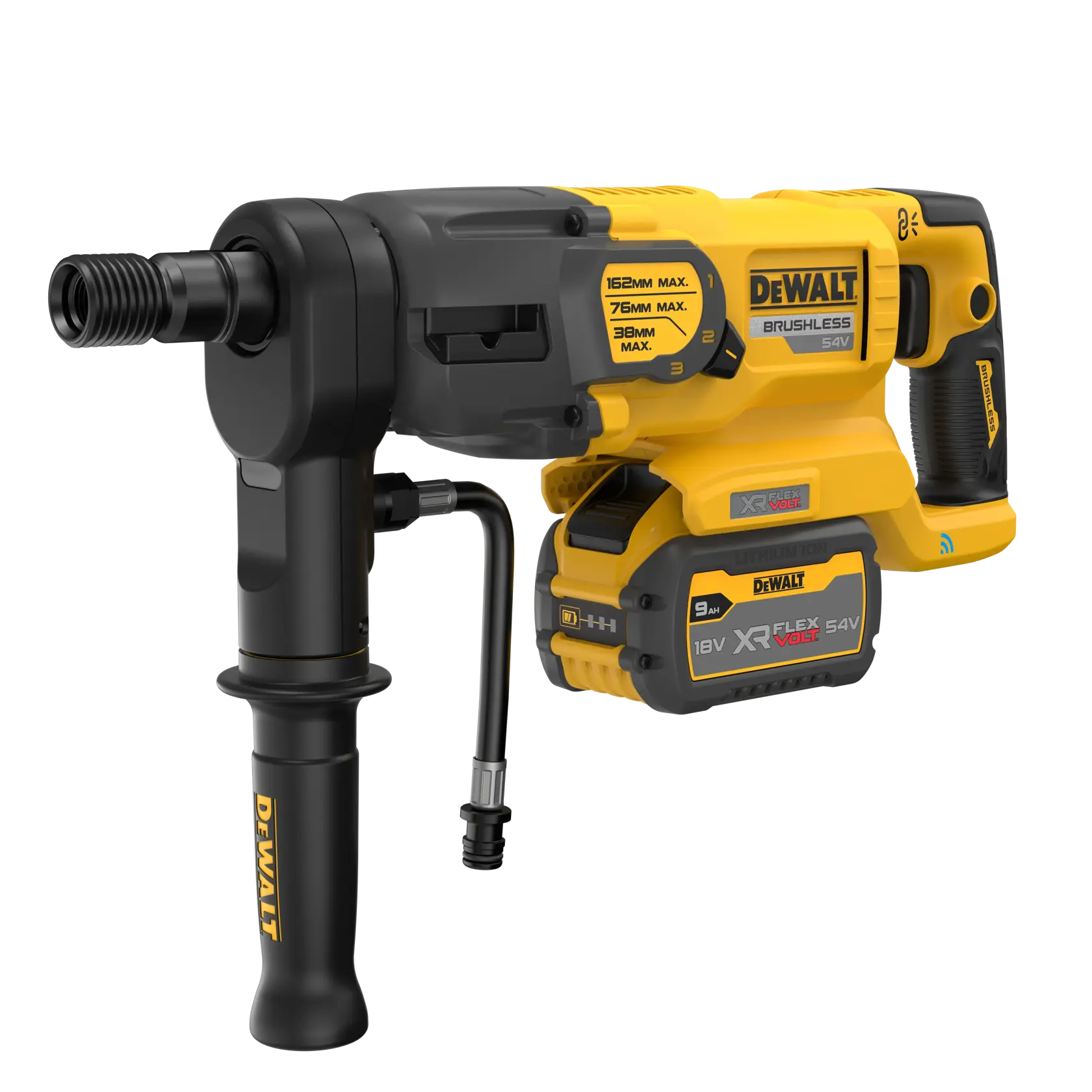 Perceuse à percussion brushless sans fil DEWALT avec un design jaune et noir, équipée d’une poignée auxiliaire et d’une batterie lithium-ion XR Flexvolt 54V.
