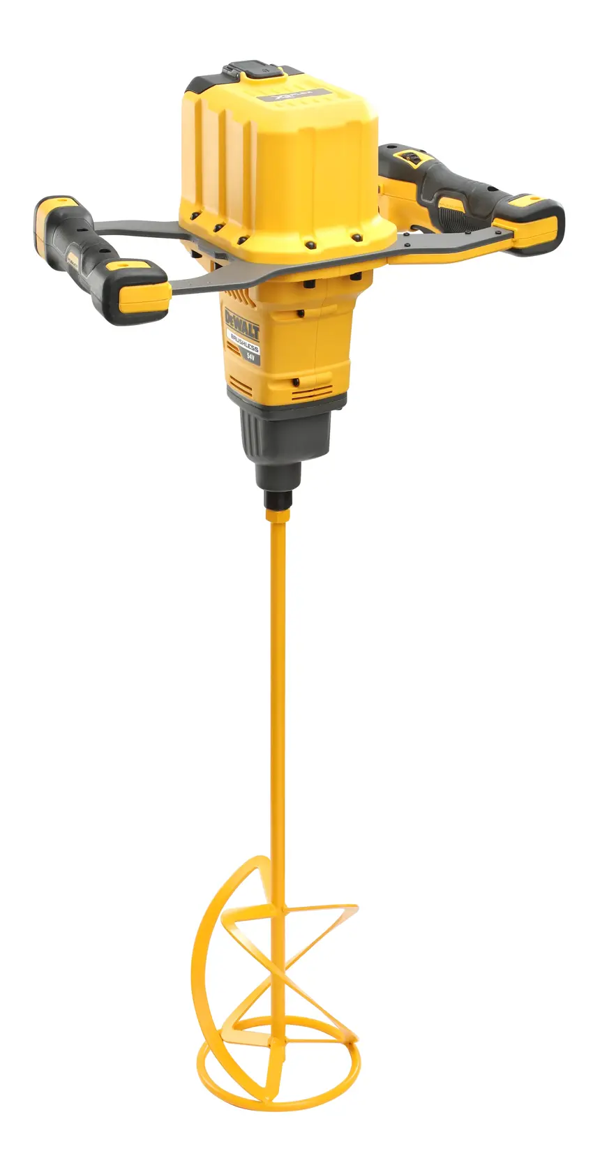 Un mélangeur à palette sans fil jaune et noir avec deux poignées, utilisé pour mélanger des matériaux de construction. L’outil est présenté sur un fond blanc.