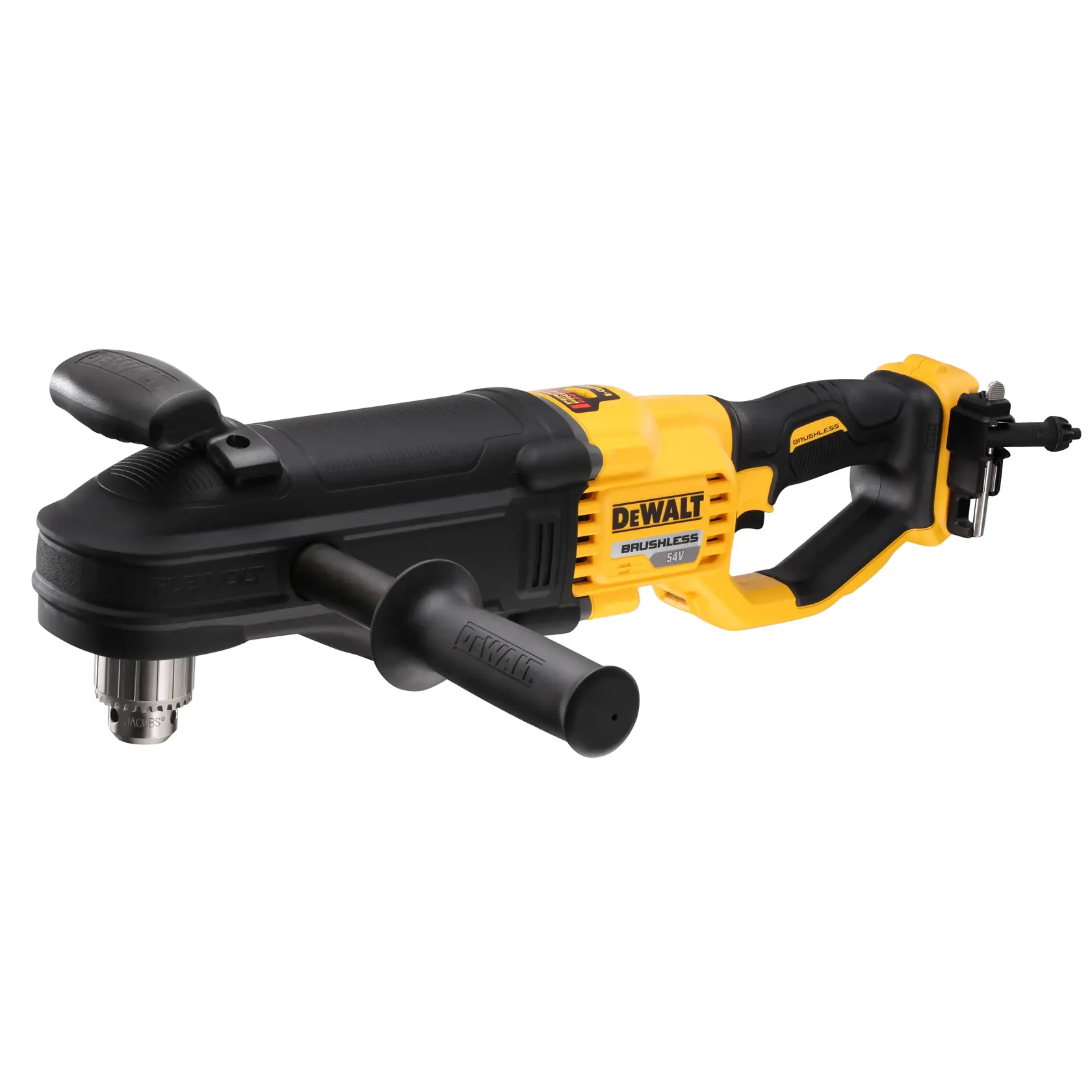 Une perceuse d'angle droite DEWALT FLEXVOLT 54V sans balais, de couleur noire et jaune, avec une poignée auxiliaire pour une meilleure prise en main.