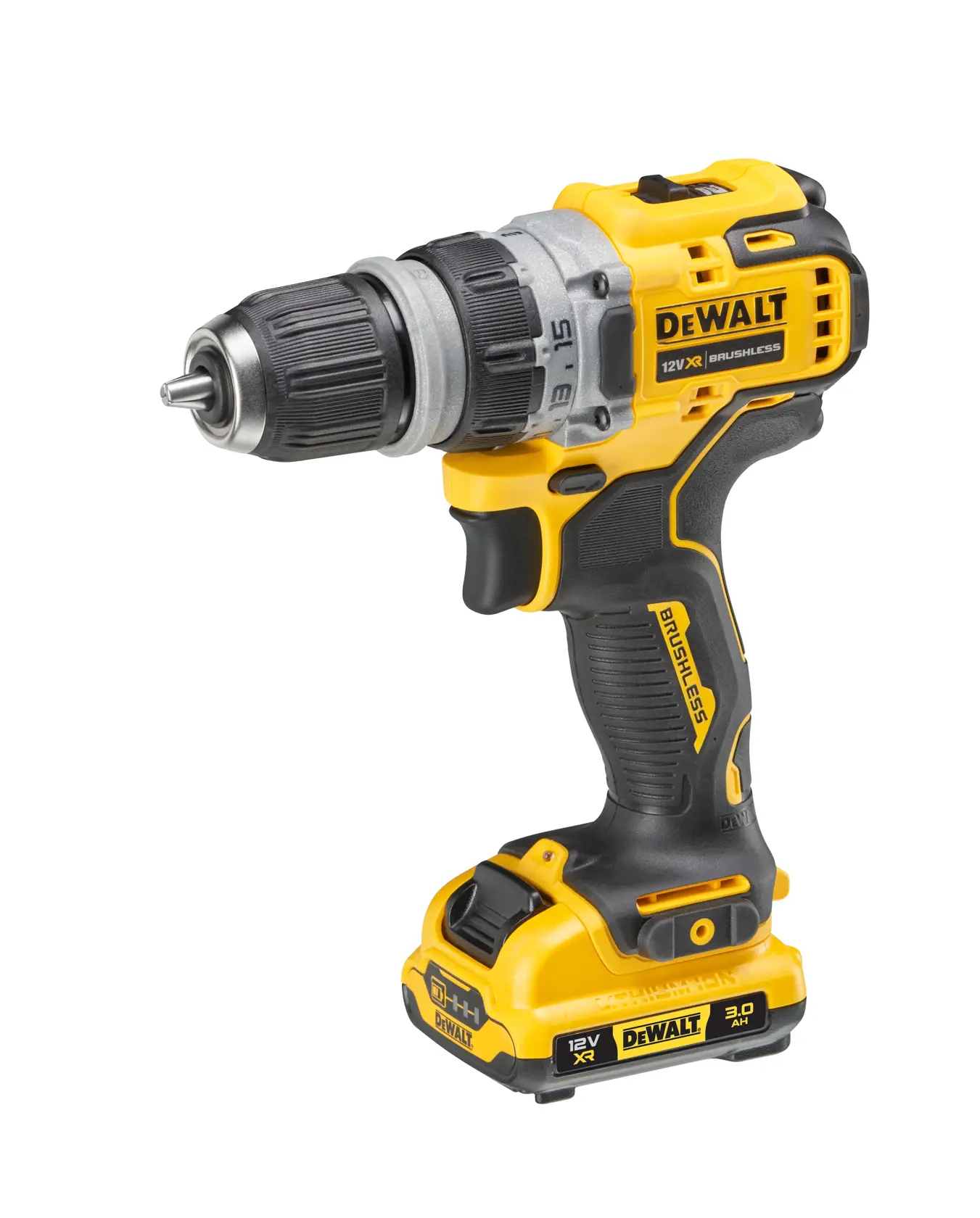 Une perceuse sans fil DEWALT 12V XR brushless avec un design noir et jaune, dotée d'une poignée confortable et d'un pack batterie attaché, présentée sur un fond blanc.