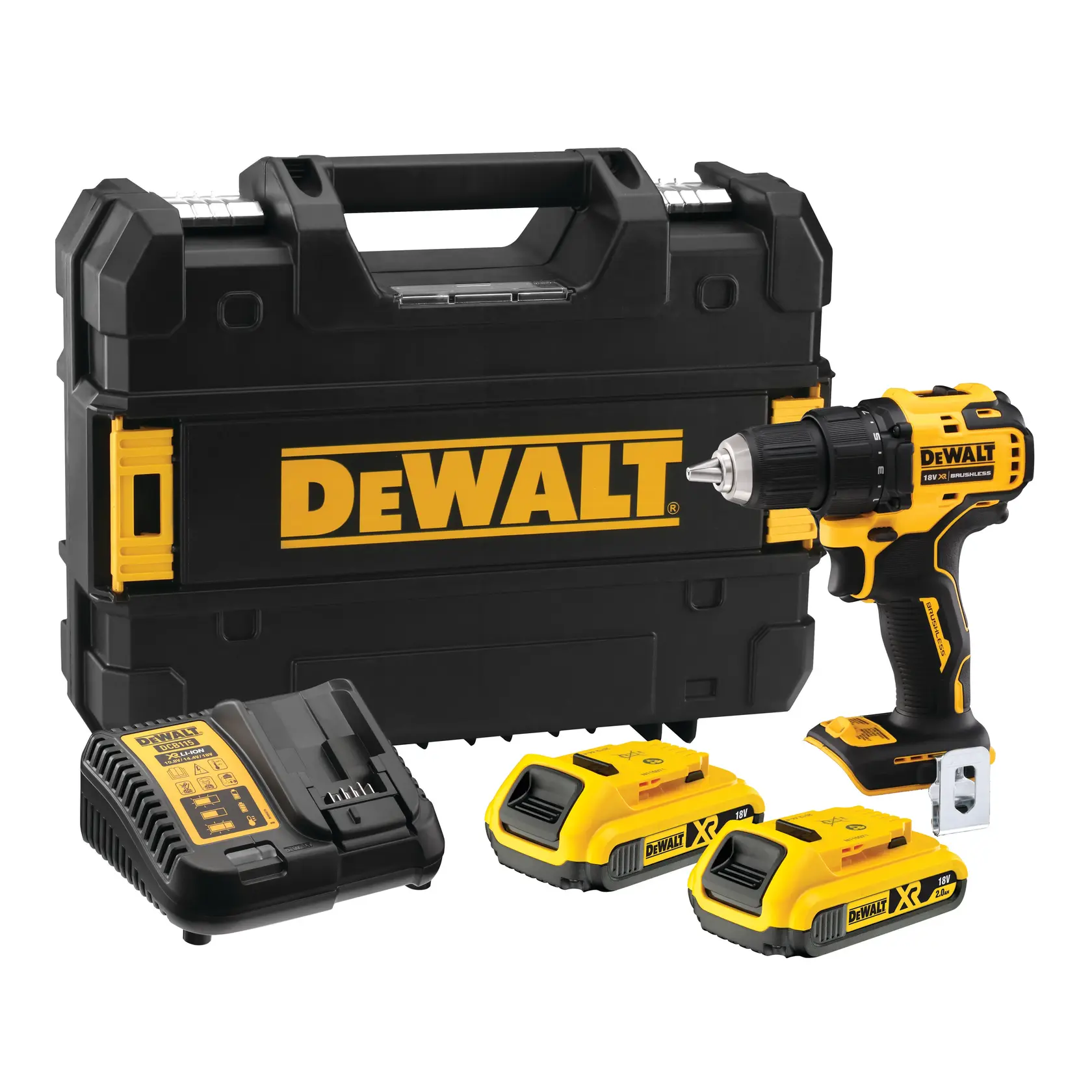 DEWALT DCD708D2 perceuse sans fil avec mallette, chargeur et deux batteries, angle avant sur fond blanc.