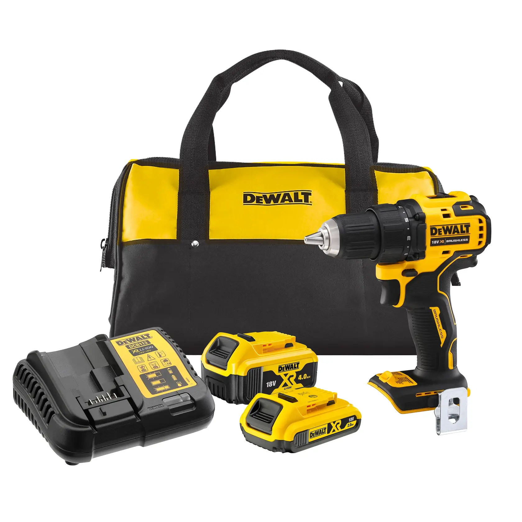 Ensemble DEWALT perceuse sans fil, sac de transport, deux batteries 18V et chargeur, sur fond blanc.