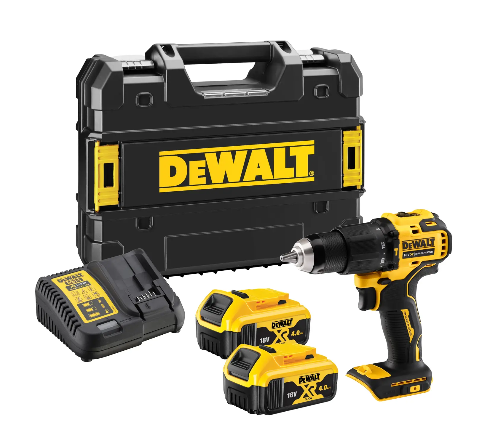 Ensemble de perceuse sans fil DEWALT comprenant une perceuse noire et jaune, deux batteries 18V 4.0Ah, un chargeur de batterie et une mallette rigide avec un grand logo DEWALT.