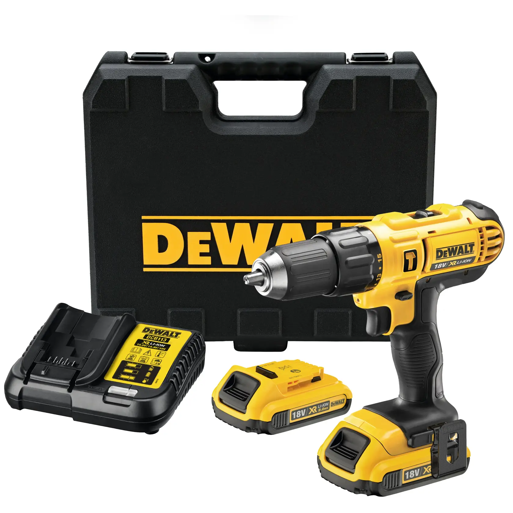 Kit perceuse sans fil DEWALT avec mallette rigide, chargeur et deux batteries 18V.