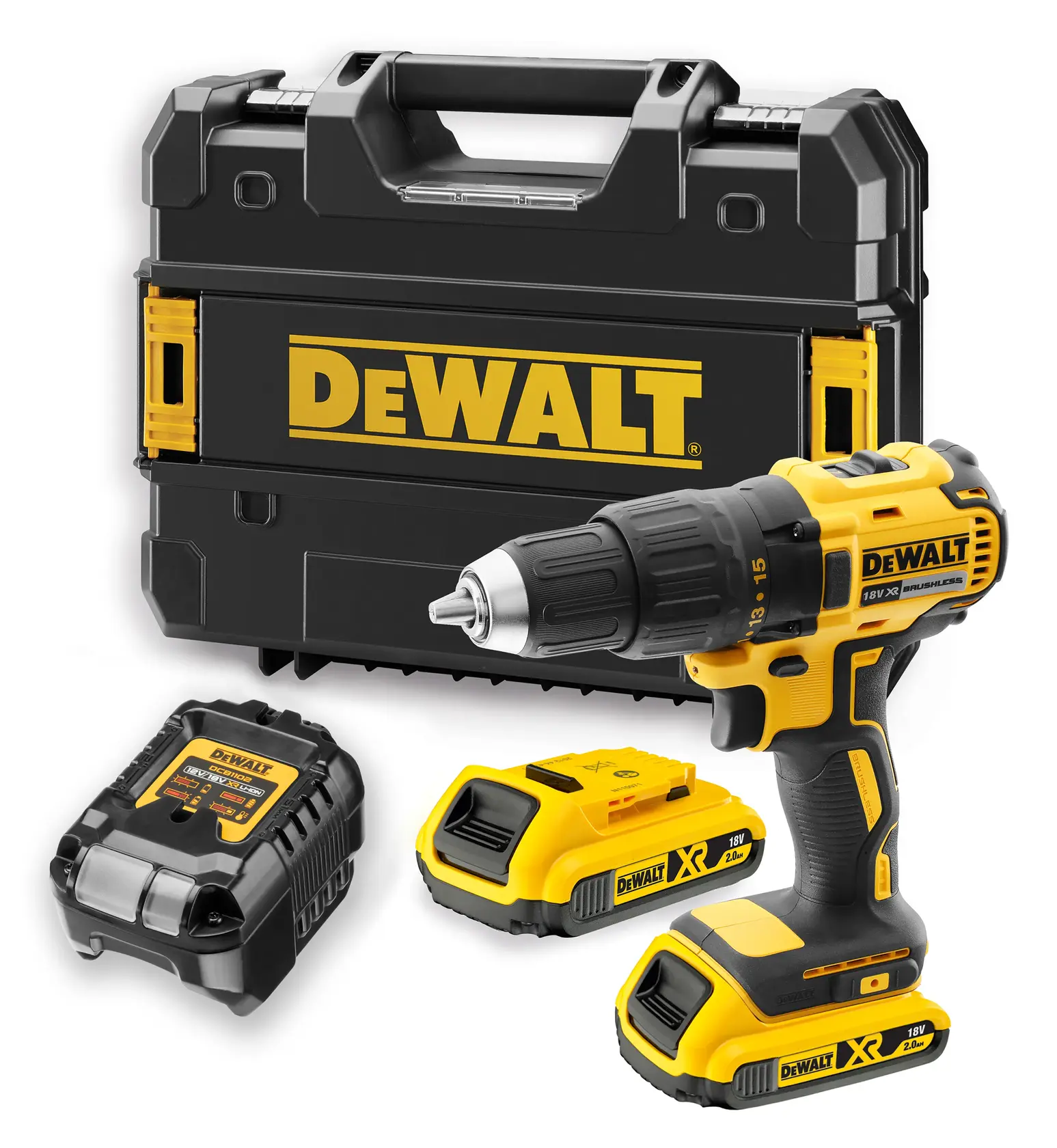 Un kit de perceuse sans fil DEWALT comprenant une perceuse jaune et noire, deux batteries rechargeables, un chargeur de batterie et une mallette de transport robuste avec un logo DEWALT bien visible.