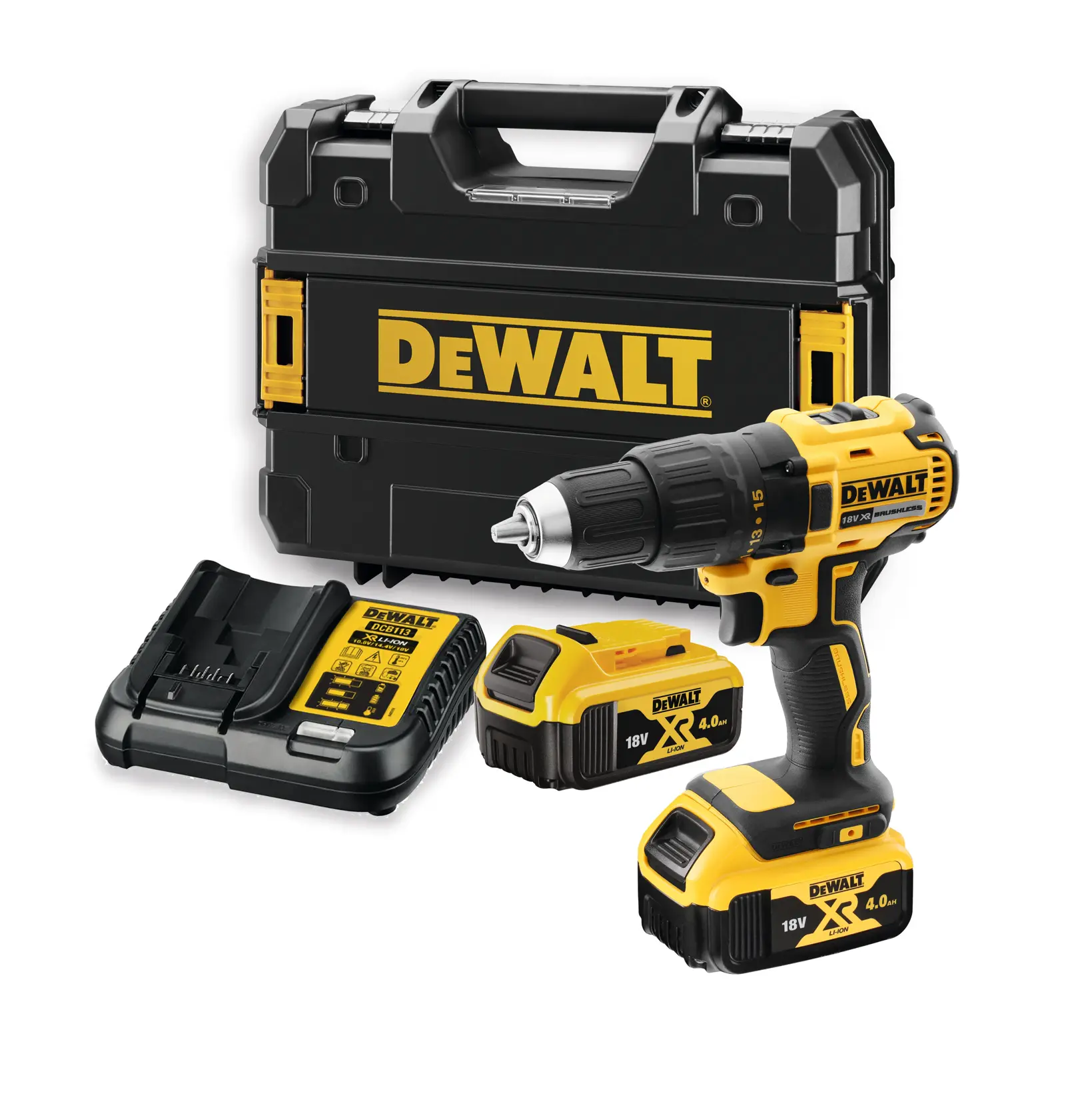 Set DEWALT perceuse sans fil avec deux batteries, chargeur et mallette.