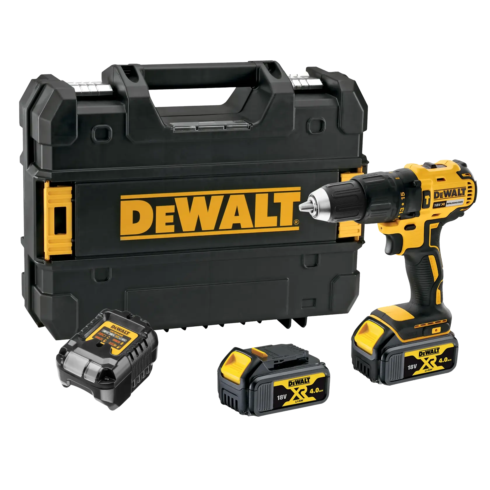 Kit perceuse sans fil DEWALT avec mallette, chargeur et deux batteries 18V.