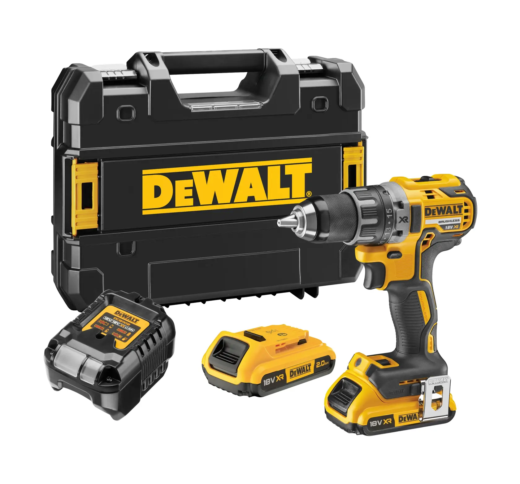 Un ensemble de perceuse sans fil DEWALT comprenant une perceuse électrique jaune et noire, deux batteries rechargeables, un chargeur de batterie et une mallette de transport noire robuste avec le logo DEWALT.