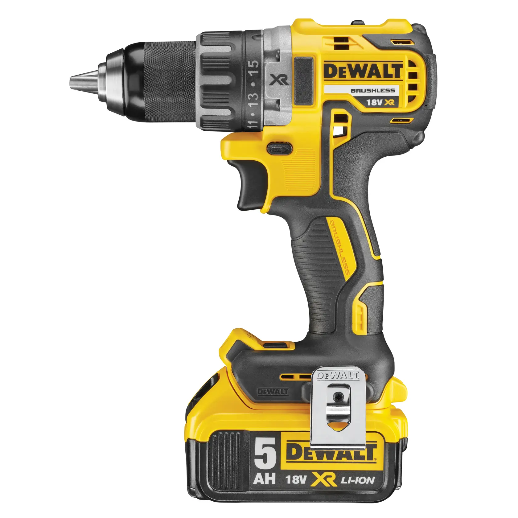 Photo de la perceuse sans fil DEWALT DCD791P2, 18V XR, jaune-noir, vue latérale, batterie 5Ah Li-Ion.
